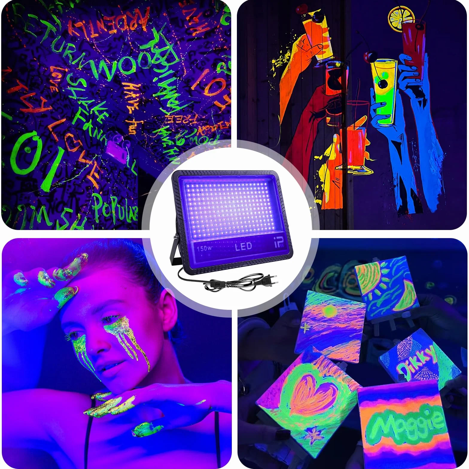 Reflektor LED z czarnym światłem, 1 sztuka 150 W UV czarne światło, IP66, reflektor UV, czarne światło na imprezę, Halloween, graffiti, dyskotekę, wydarzenia na świeżym powietrzu (285 x 240 x 50 mm)