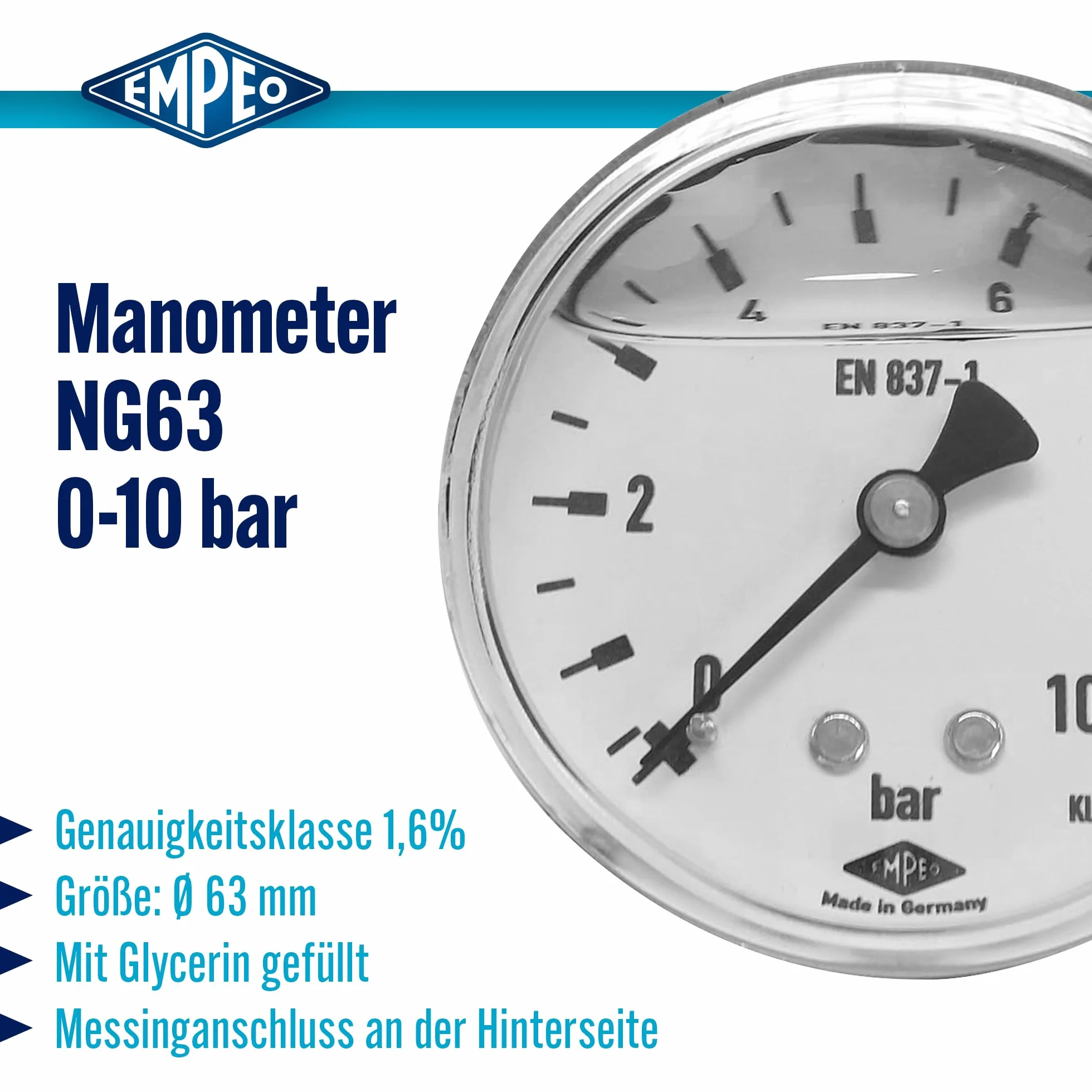 by Messbo Manometr, NG 63 0-10 bar, średnica 63 mm, przyłącze G1/4 cala z tyłu, manometr sprężynowy rurowy, obudowa ze stali nierdzewnej, wypełniona gliceryną