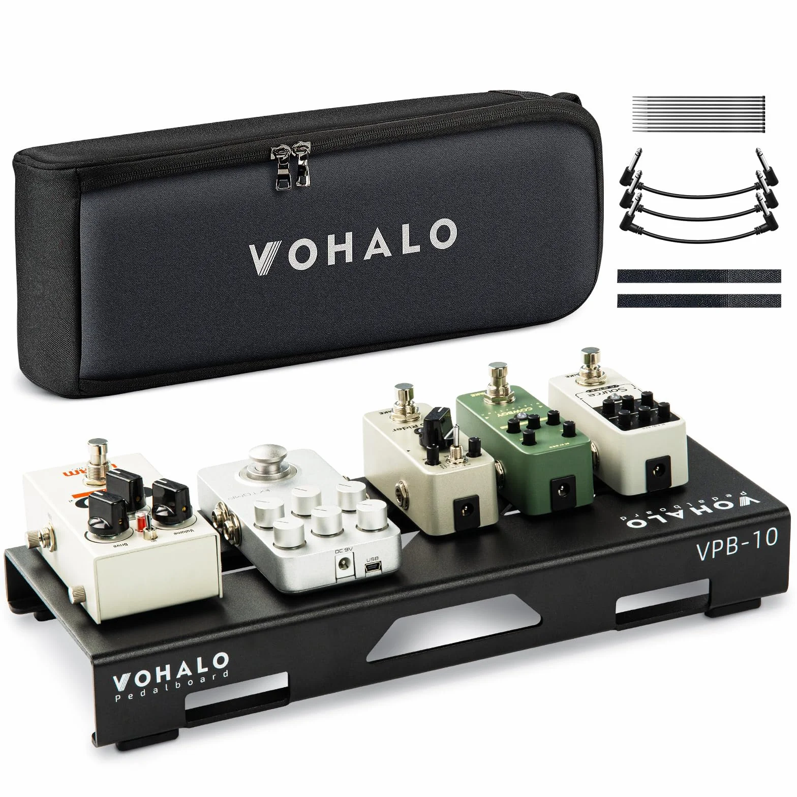 Mini tablica do pedałów gitarowych, efekty gitarowe, kompaktowy pedalboard z pedałami, taśma górska, kabel, kable krosowe, czarne (kombi tablic pedalowych)