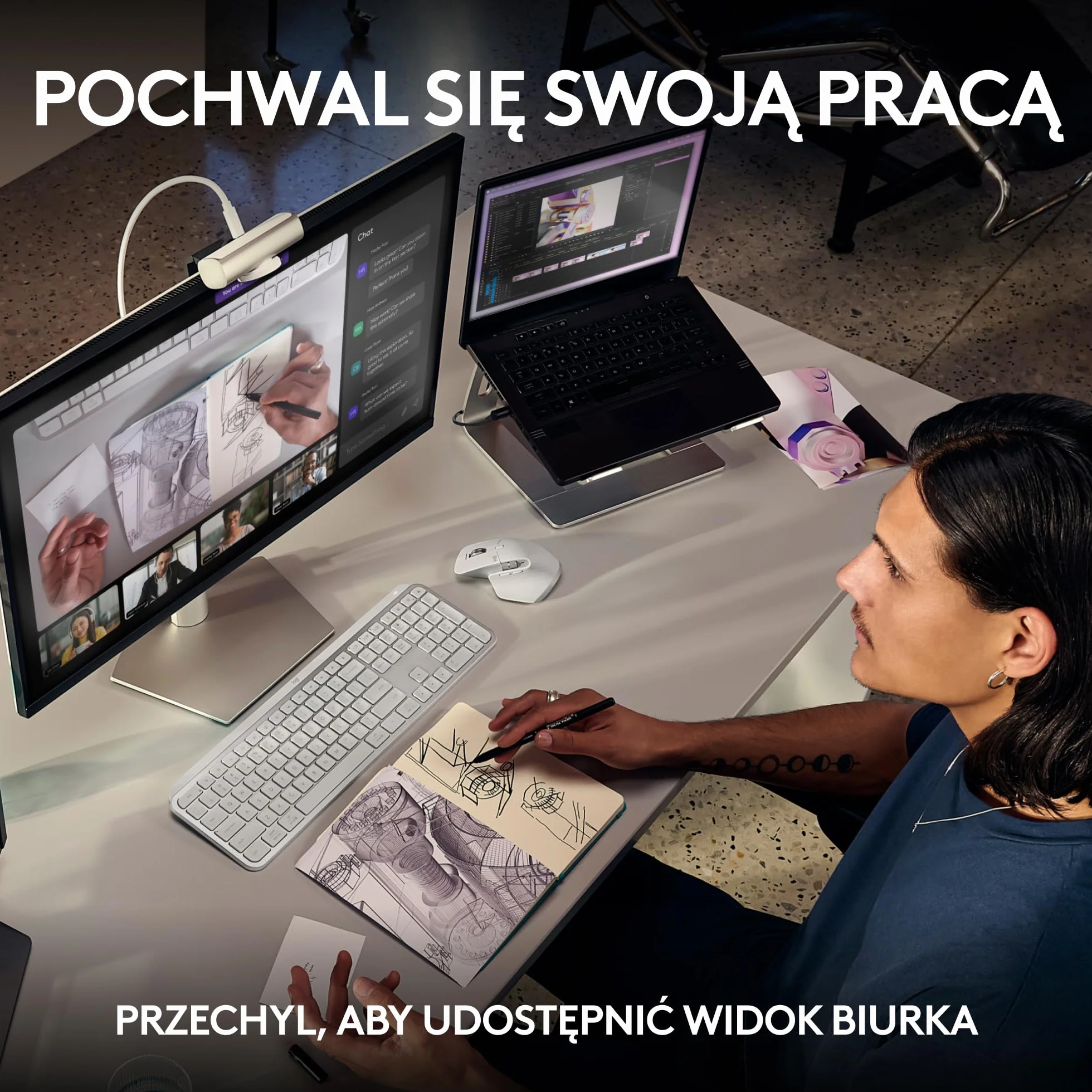 Logitech MX Brio Ultra HD 4K do współpracy i streamingu Kamera, 1080p przy 60 kl./s, mikrofony z podw. redukcją szumów, Show Mode, USB-C, osłona, działa z Microsoft Teams, Zoom, Google Meet, Pale Grey