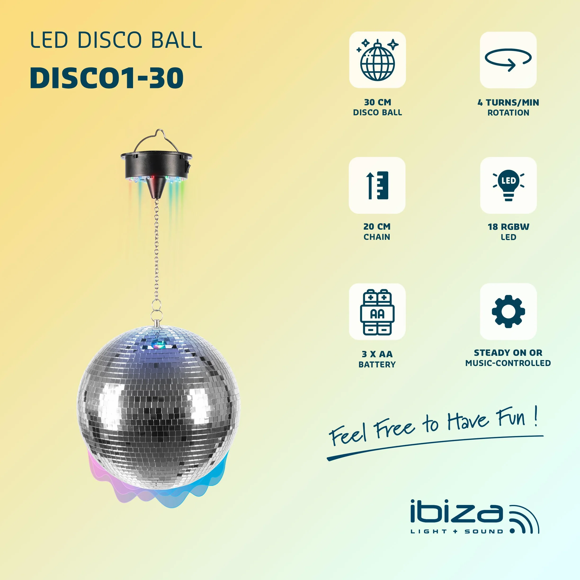 Ibiza - DISCO1-30 - kula fasetowa o średnicy 30 cm z podstawą z 18 diodami LED i łańcuchem o długości 20 cm - zasilanie bateryjne