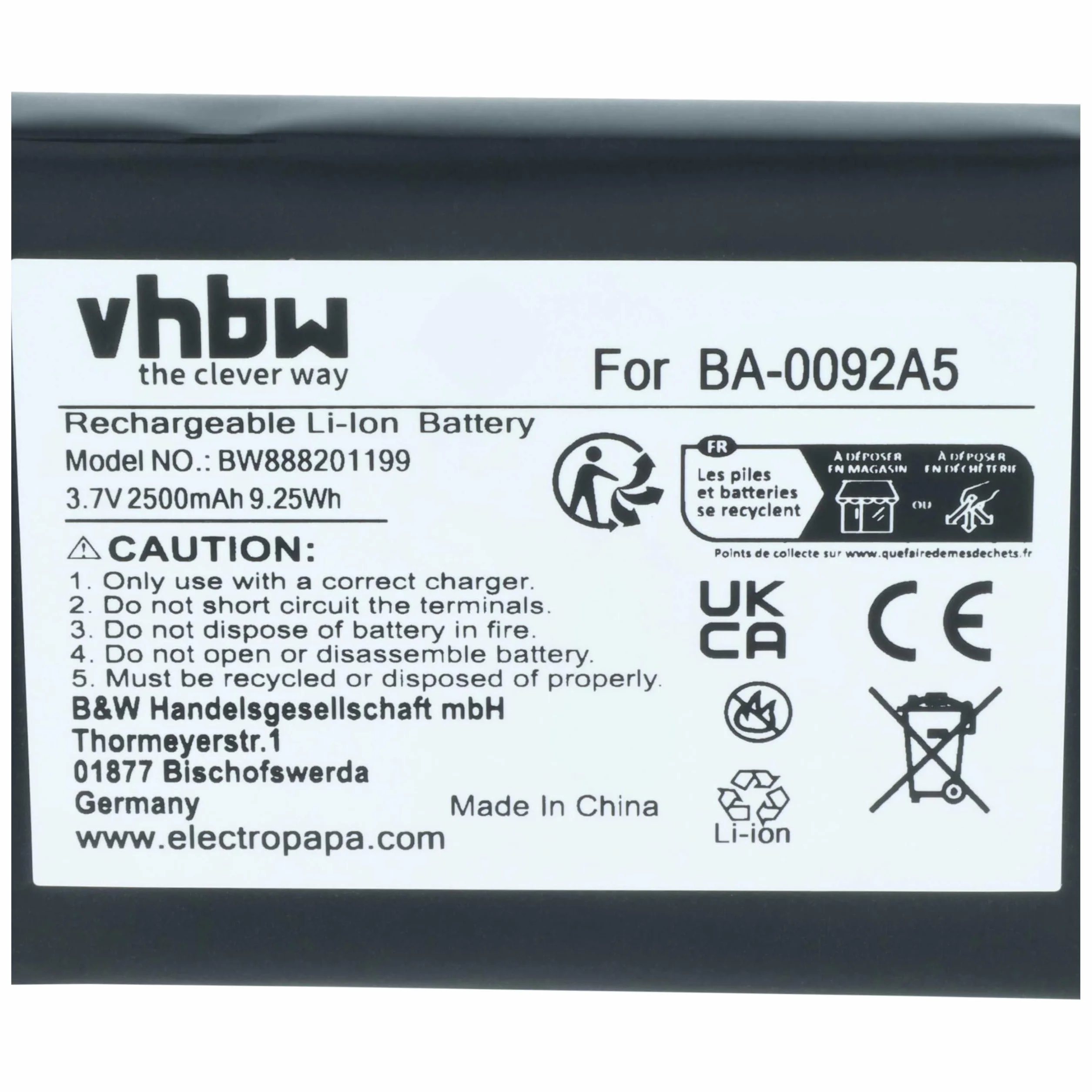 vhbw Akumulator zastępczy do CipherLab BA-0092A5, KBRS300X01503 do skanera kodów kreskowych POS (2500 mAh, 3,7 V, litowo-jonowy)