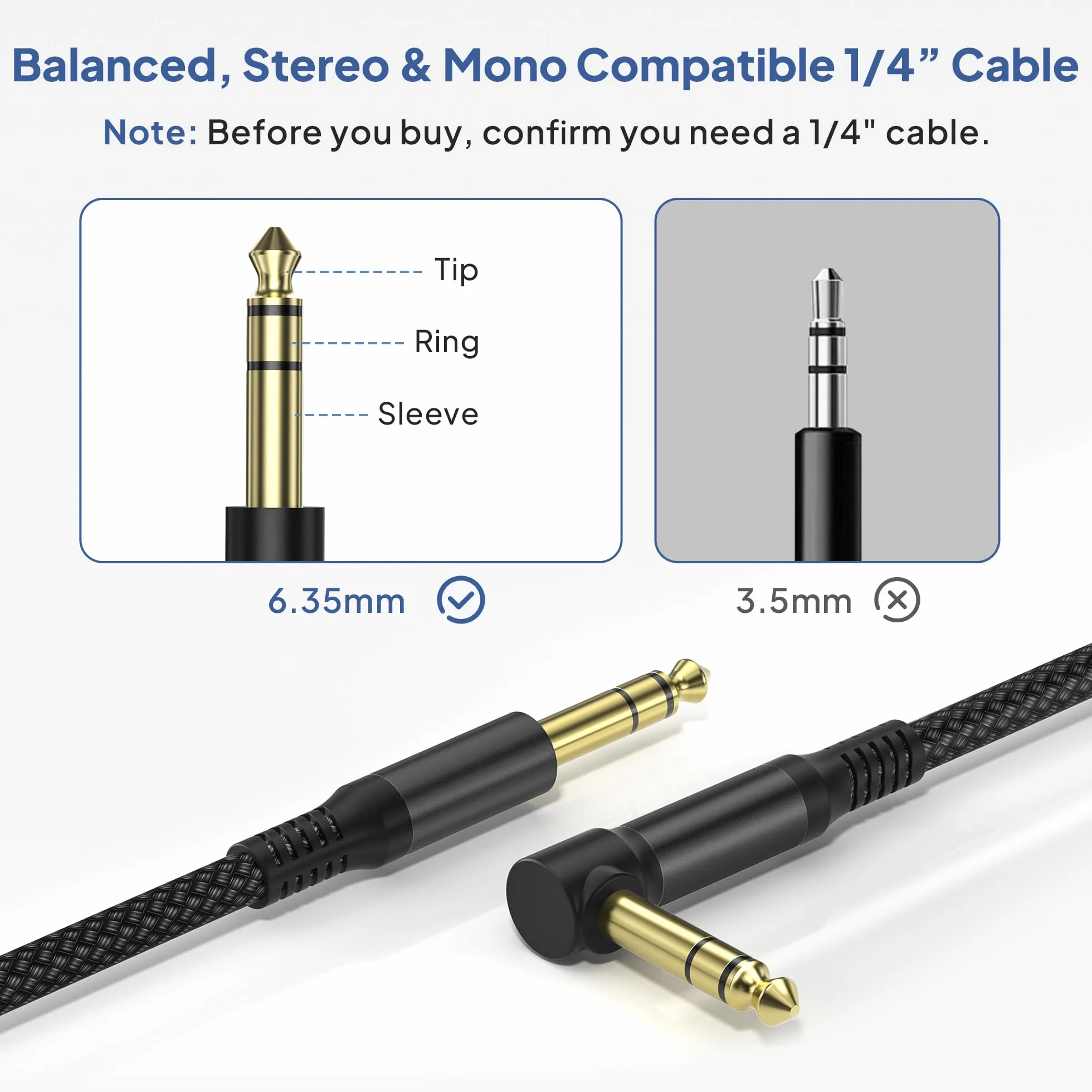 Elebase Kabel gitarowy 6,35 mm TRS 3M 2 sztuki 90 stopni 1/4" wtyczka stereo kabel instrumentalny symetryczny kabel audio