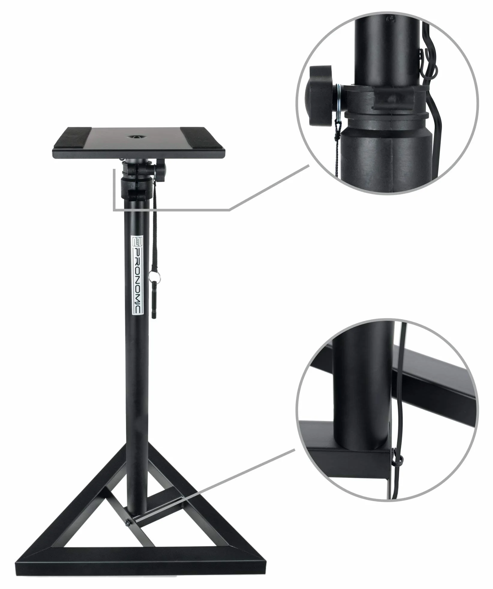 Pronomic SLS-10 statyw do monitora studyjnego (regulacja wysokości od 80 cm do 130 cm, trójkątna podstawa, gumowe nóżki, kolce z kolcami, stal, płyta nośna z gumowymi paskami) czarny malowany proszkowo