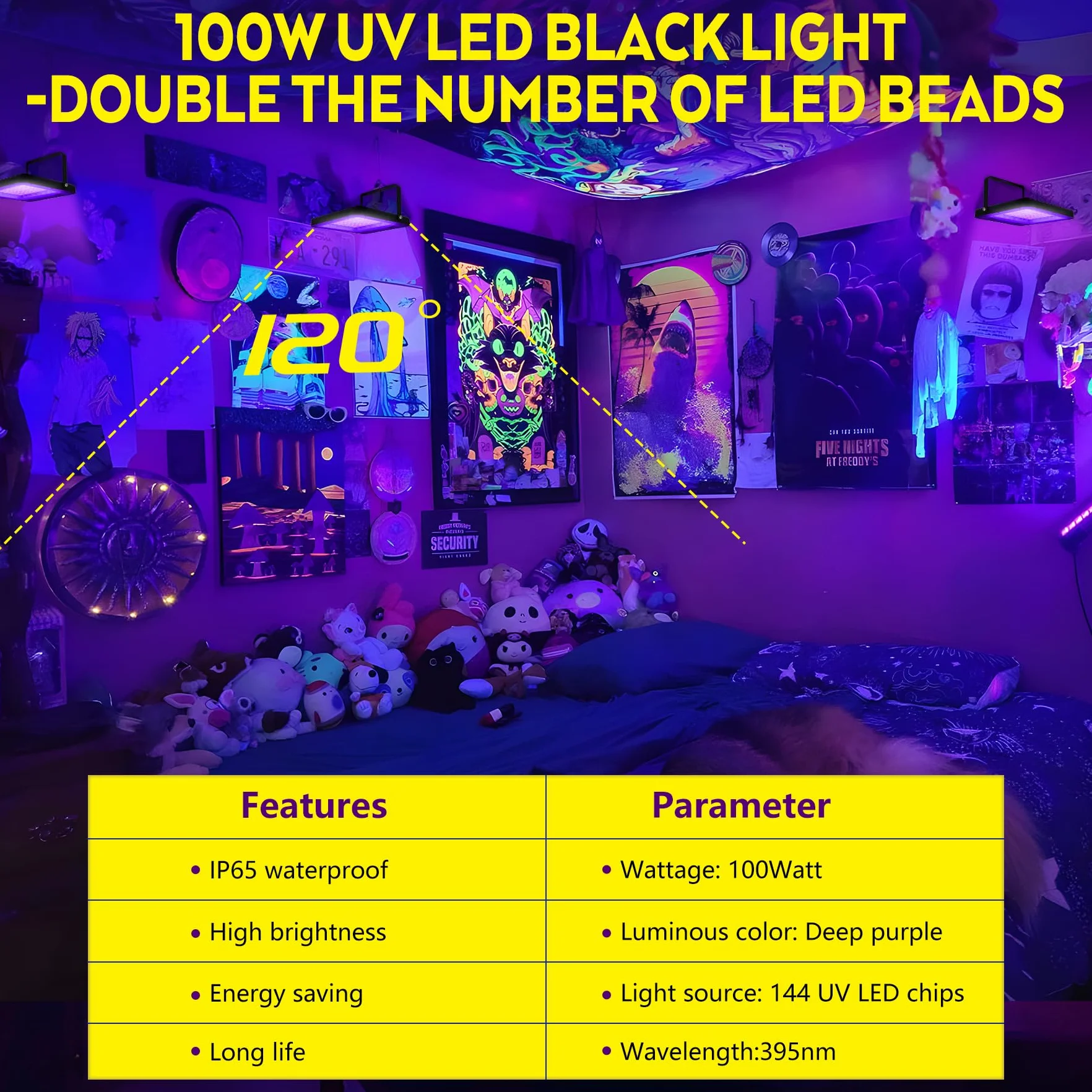 VAYALT 2 sztuki reflektorów LED UV 100 W 395 nm IP65 czarne światło na imprezę Halloween