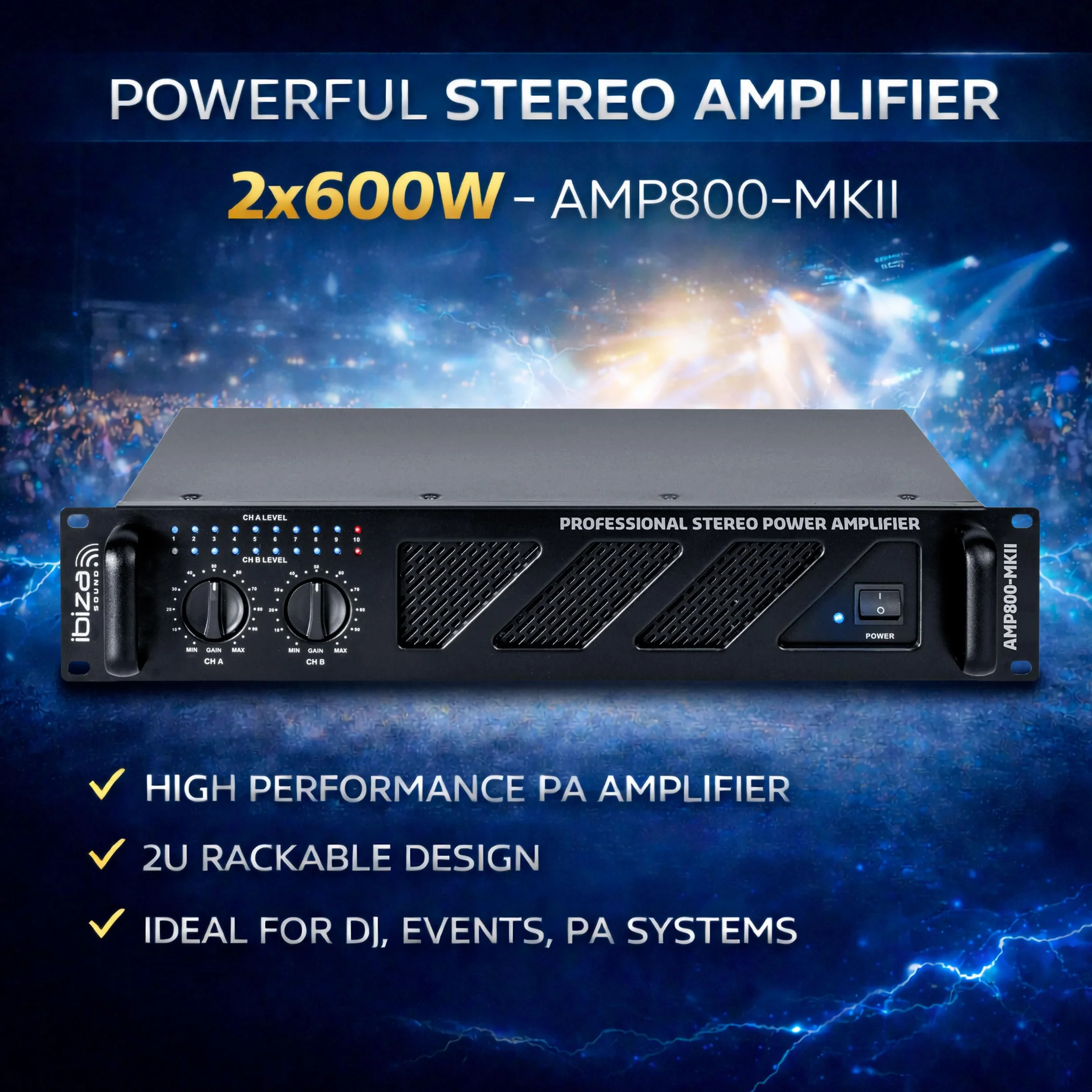 Ibiza - AMP800-MKII - Profesjonalny wzmacniacz z procesorem dźwięku 2x600W z wejściami RCA/Jack i wyjściami Speakon/Born - możliwość montażu w szafie rack 19" - czarny