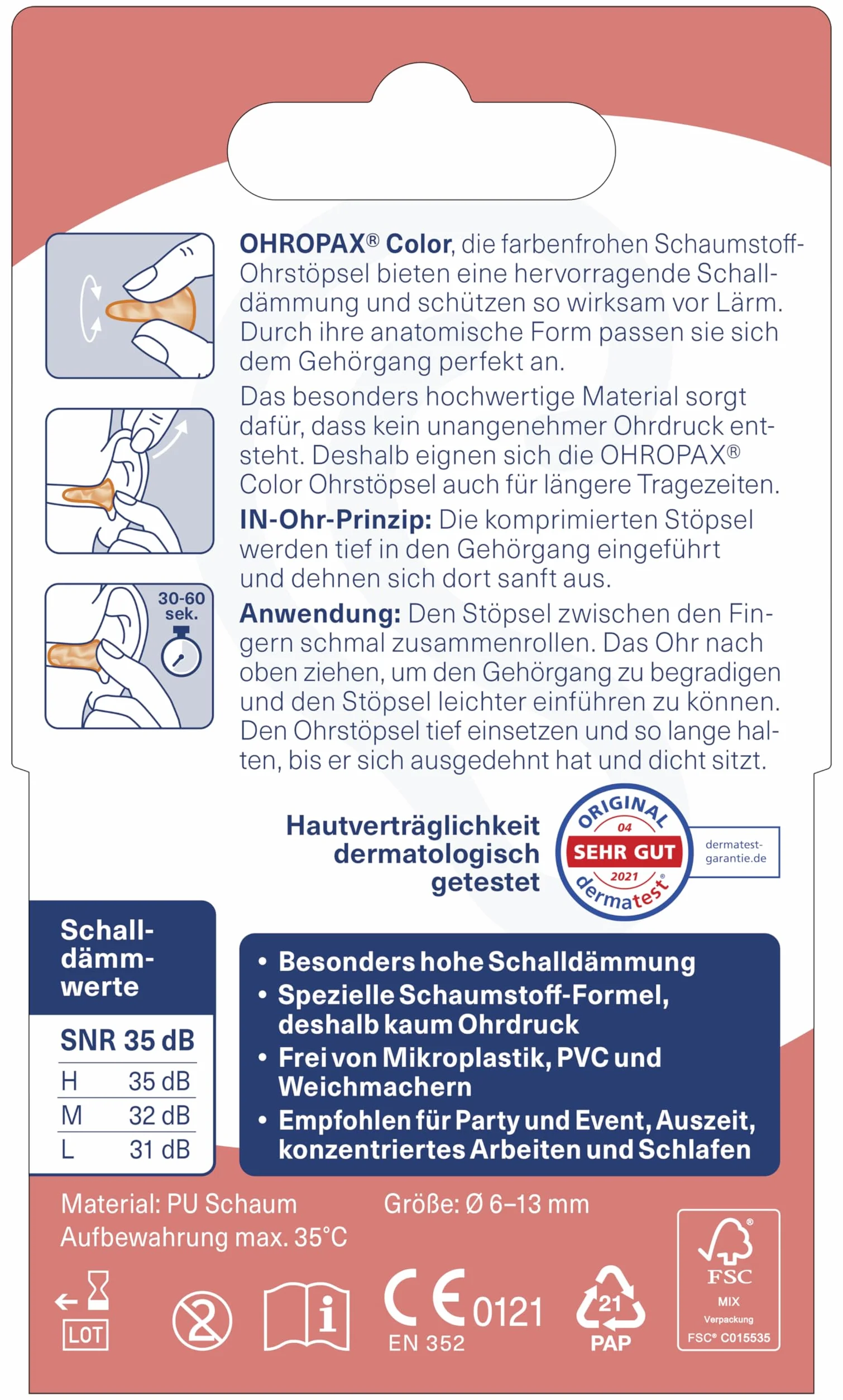 OHROPAX Kolorowe zatyczki do uszu – zatyczki do uszu z miękkiej pianki – wyjątkowo wygodne, również w przypadku długiego noszenia – izolacja akustyczna SNR 35 dB – idealne na imprezę, imprezę i