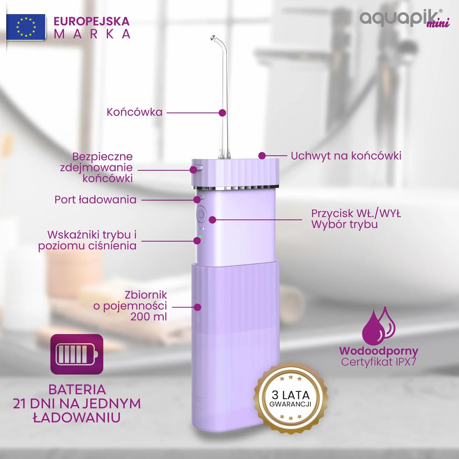 Aquapik Mini przenośny irygator dentystyczny. 3 tryby użytkowania, wodoodporny IPX7, 4 dysze w zestawie, akumulator i kompaktowy, idealny w podróży, polecany przez dentystów dla całej rodziny