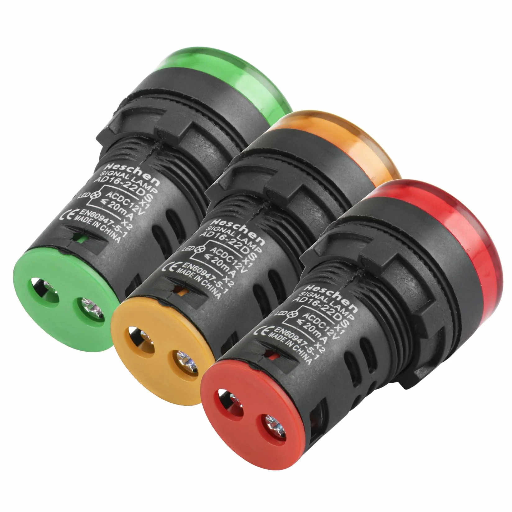 Heschen Lampka kontrolna LED 22 mm, AD16-22D/S, 12 V DC, 20 mA, czerwony zielony żółty kolor światła, 3 szt