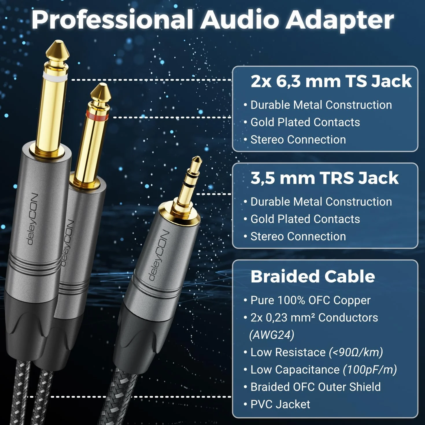 deleyCON 1m 3,5mm Klinke Stereo na 2x 6,3mm Klinke Mono Kabel - Y Przewód Audio Rozdzielacz Digital Interface Instrument Kabel do Miksera, Rejestratora Audio, Gitary, Wzmacniacza, Mikrofonu