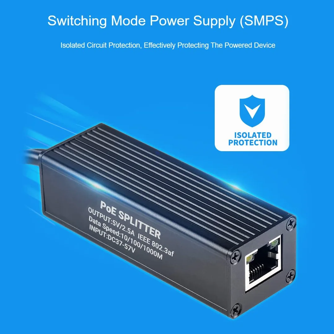 Waveshare Industrial Gigabit PoE Splitter with Metal Case protection,5V 2.5A Type-C Out