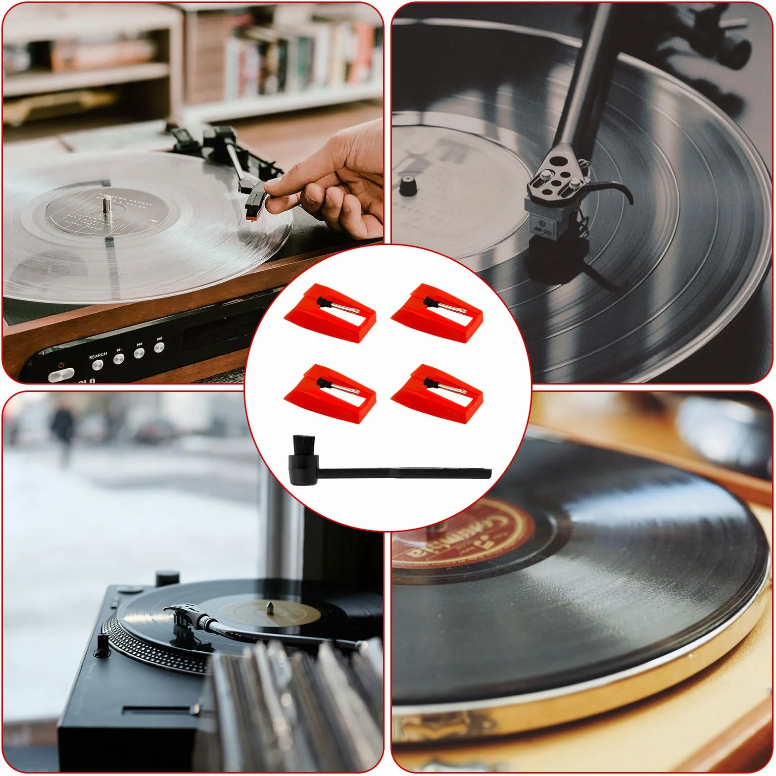4szt Wymiana Igly do Gramofonu i Szczotka do Czyszczenia, Igla do Gramofonu Diamentowego Wymiana Igly do Gramofonu Akcesoria do Crosley Victrola ION Gramofonu Gramofonu LP (Czerwony)