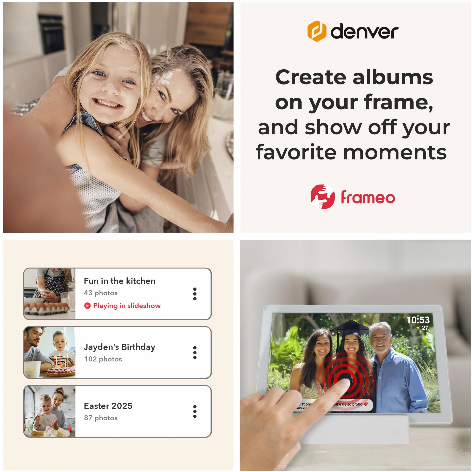 Denver PFF-1070W | cyfrowa ramka na zdjęcia Wi-Fi 10,1" z akumulatorem | ekran dotykowy HD IPS | aplikacja FRAMEO i pamięć 16 GB | biała