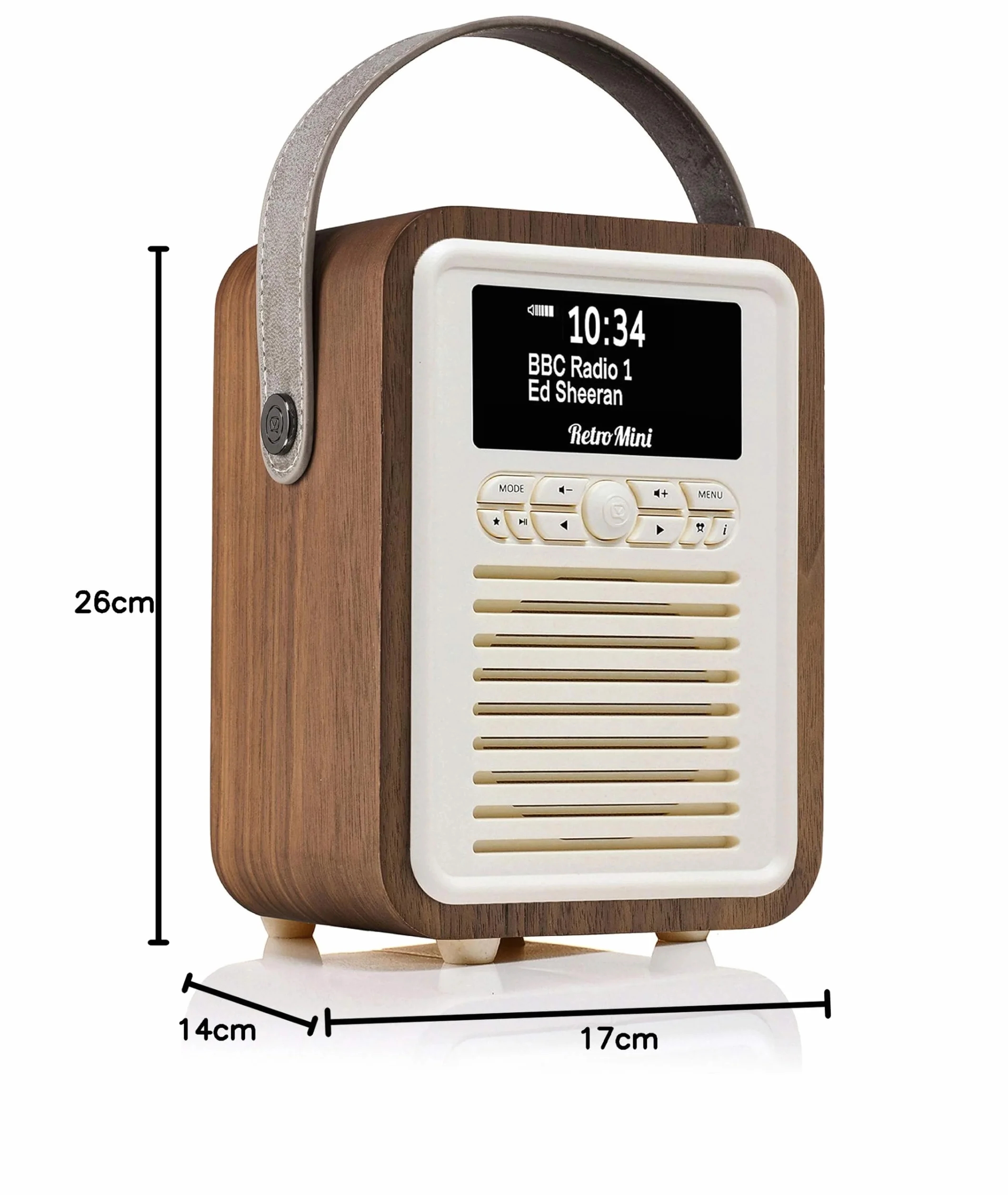 VQ Retro Mini DAB Plus/DAB Radio z Bluetooth, FM i Funkcją Budzika - Zasilane z Sieci i Baterii Przenośne Radio z Anteną, Gniazdkiem Słuchawkowym i Portem USB do Ładowania - Orzech