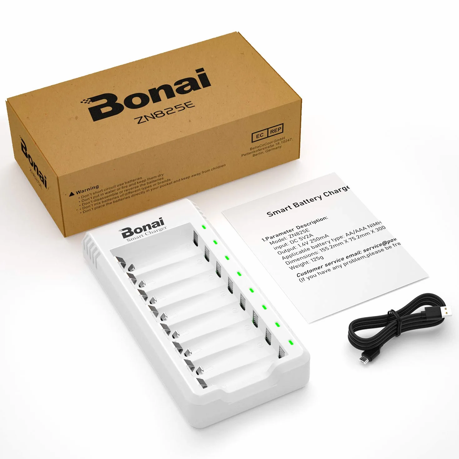 Ładowarka do akumulatorów AA i AAA oraz Ni-MH i Ni-CD marki Bonai z portem USB, 8 gniazdami i wskaźnikami LED.