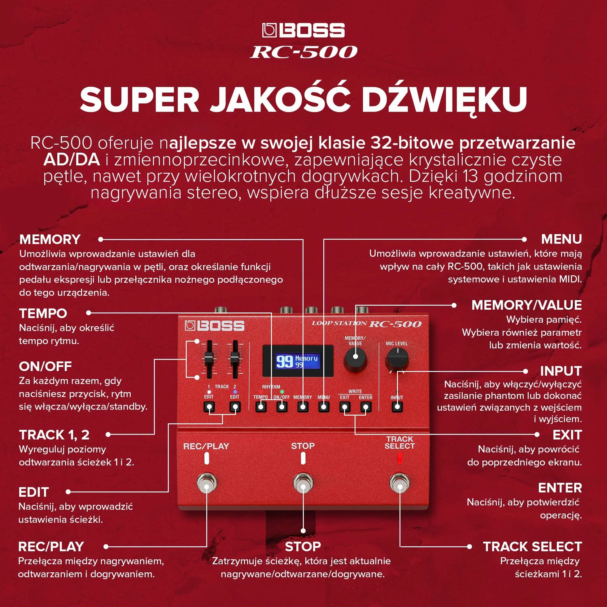 BOSS RC-500 Looper - Zaawansowany Dwuścieżkowy Looper z Wbudowanymi Opcjami Miksowania i Głębokiej Kontroli - Wiodąca w Swojej Klasie Jakość Dźwięku - 16 Wszechstronnych Zestawów Perkusyjnych