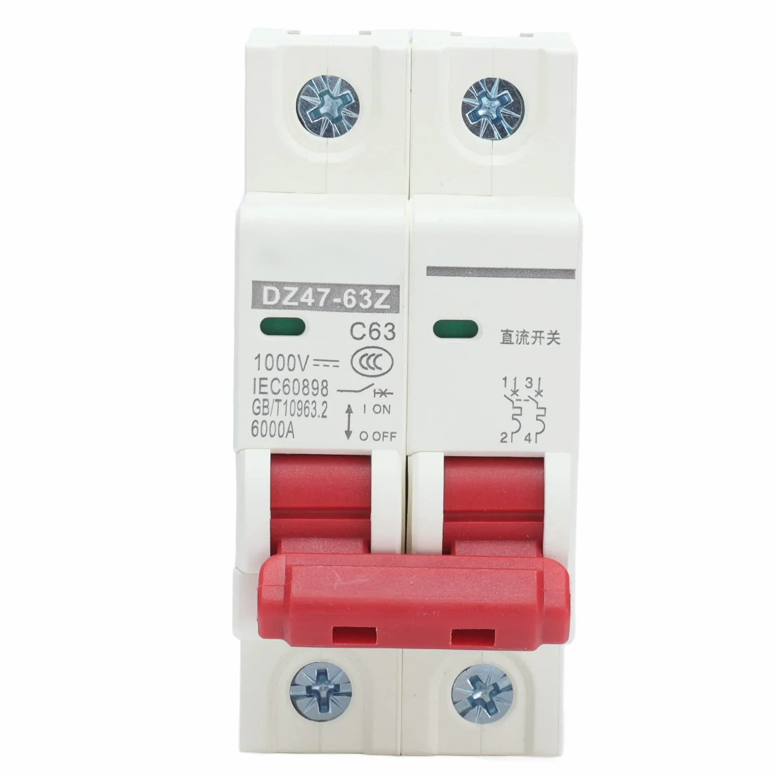 Miniaturowy Automatyczny Przełącznik 2P 63A DC 1000V, Fotowoltaiczny Solarny Rozdzielacz Prądu Stałego, Montaż na Szynie DIN, 6000A Zdolność Wyłączania