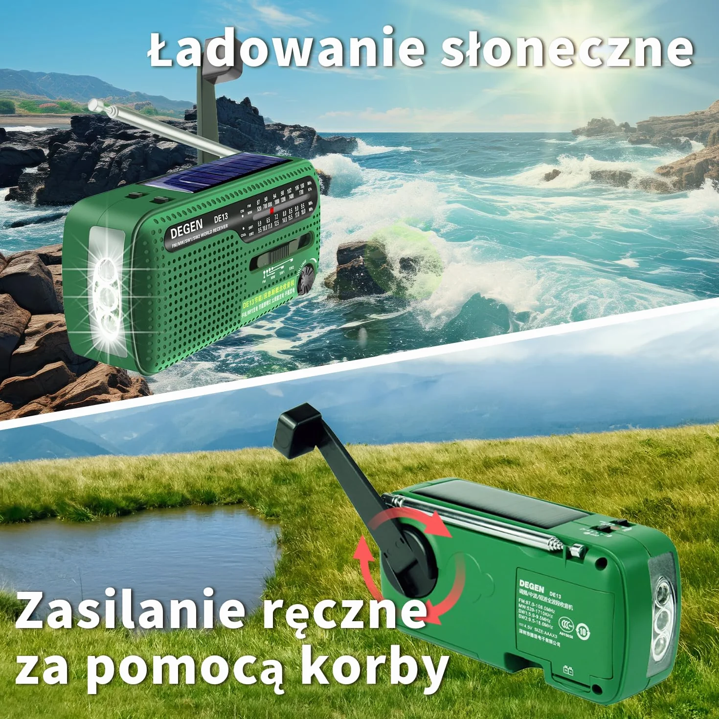 DEGEN DE13 Wind Up Radio korbowe solarne FM AM SW awaryjne radio pogodowe latarka SOS alarm ładowalny telefon komórkowy do użytku awaryjnego i na zewnątrz zielony