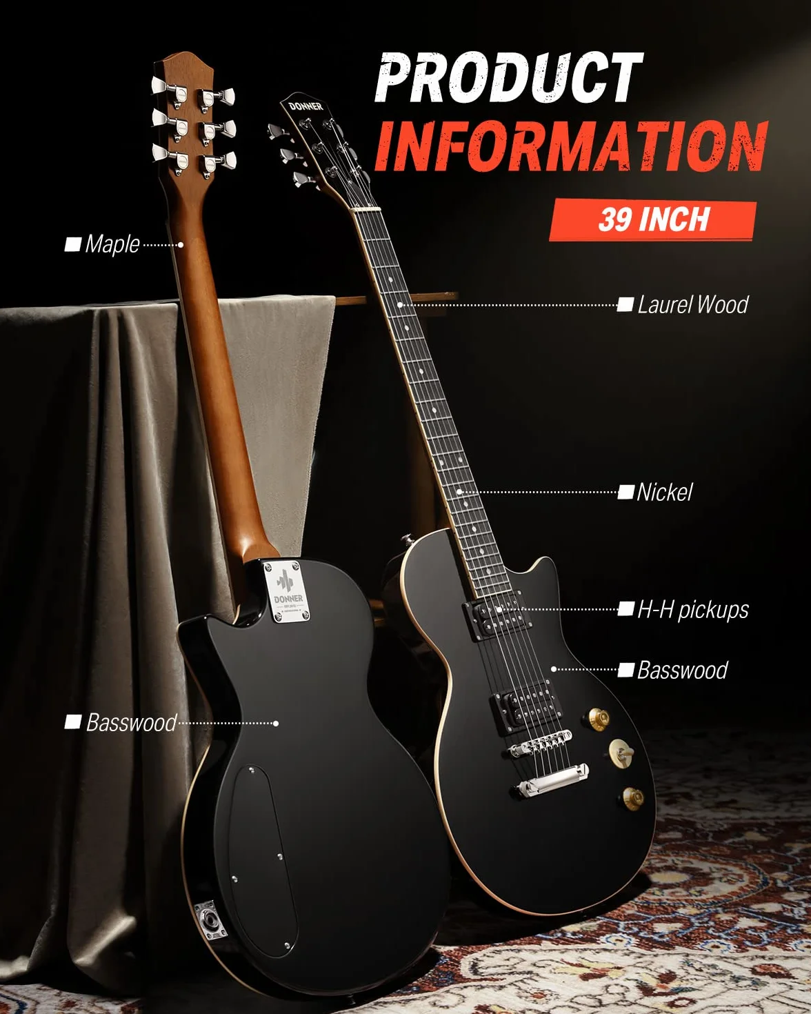 Donner Gitara elektryczna zestaw gitar elektrycznych w stylu LP 39 cali pełny rozmiar z torbą, paskiem, kablem (czarny)