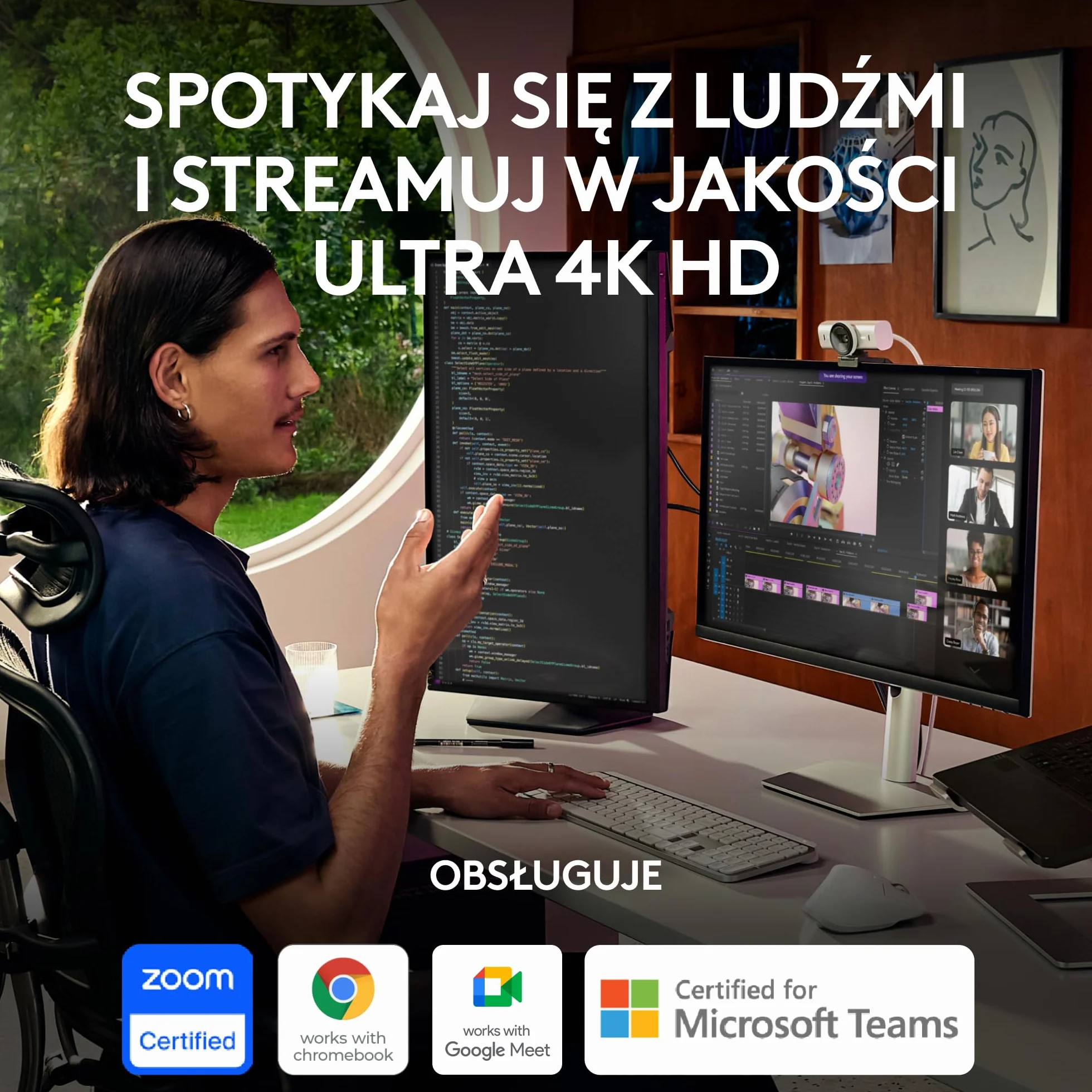 Logitech MX Brio Ultra HD 4K do współpracy i streamingu Kamera, 1080p przy 60 kl./s, mikrofony z podw. redukcją szumów, Show Mode, USB-C, osłona, działa z Microsoft Teams, Zoom, Google Meet, Pale Grey