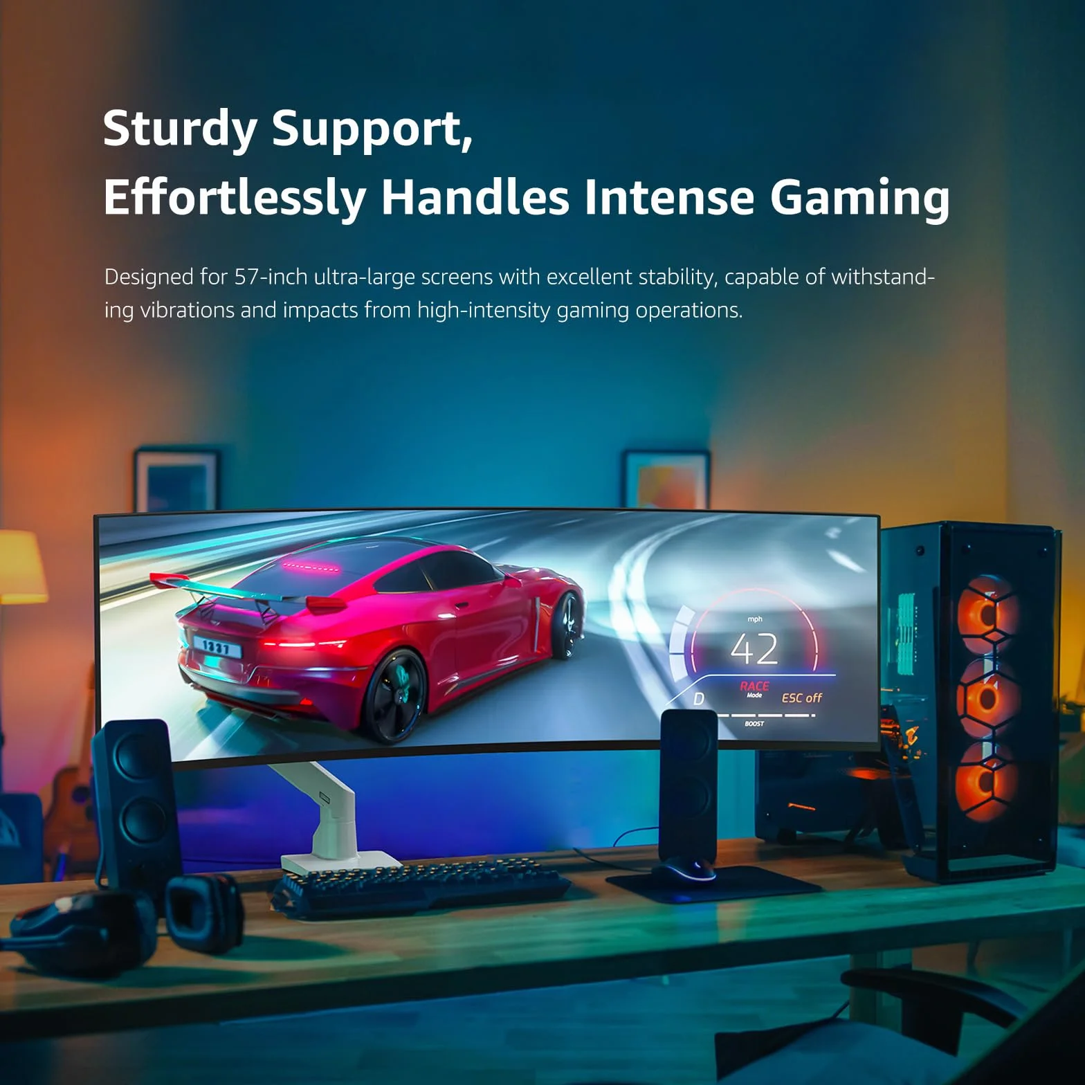 BEWISER Wytrzymałe ramię monitora, ultrawide mocowanie monitora do ekranów 86–124.5 cm i nowych 145 cm, nośność do 20 kg, obrotowe ramię monitora o pełnej wysokości ruchu (białe)