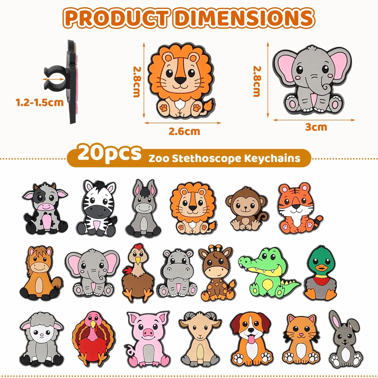 Zoo Animals, stetoskop, zawieszka dla pielęgniarek, 20 sztuk, urocze, medyczne, zwierzęta, plastikowe akcesoria dekoracyjne, prezent dla pediatrów i weterynarzy