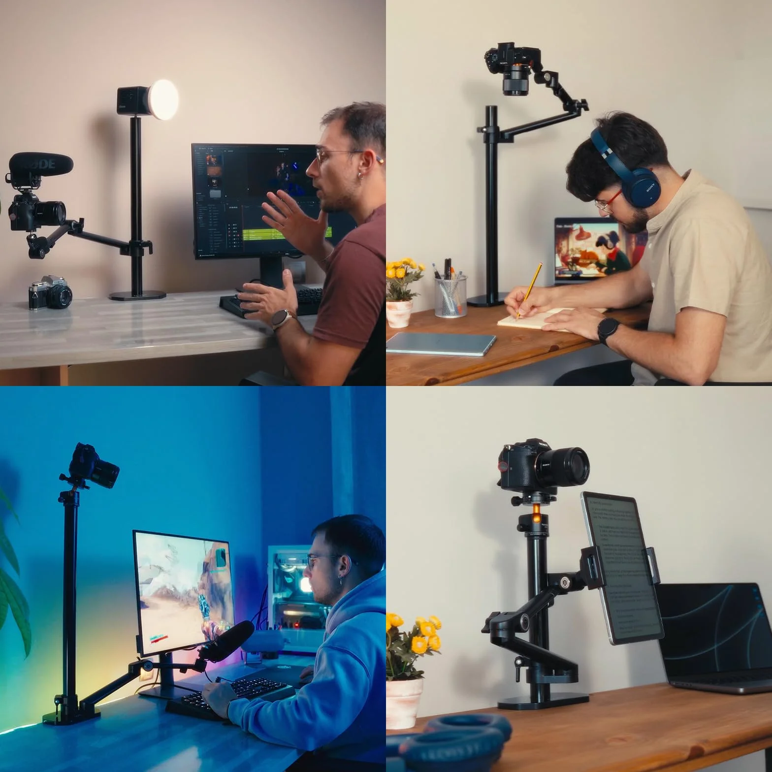 TARION Uchwyt biurkowy na ramię aparatu: Wytrzymały stojak na aparat DSLR z uchwytem na tablet Podwójny zacisk C 1/4 3/8 Adapter śrubowy Ramię przegubowe do selfie Streaming Videography TitanRig Lite