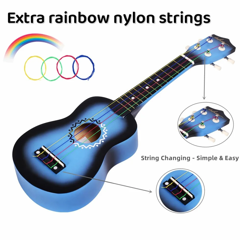ADM Zestaw ukulele sopranowe dla dzieci i początkujących, zestaw startowy do ukulele z torbą, tuner z klipsem, tęczowe struny, kolorowy pasek, plektron, naklejki na podstrunnicę, karta akordów, AU01L