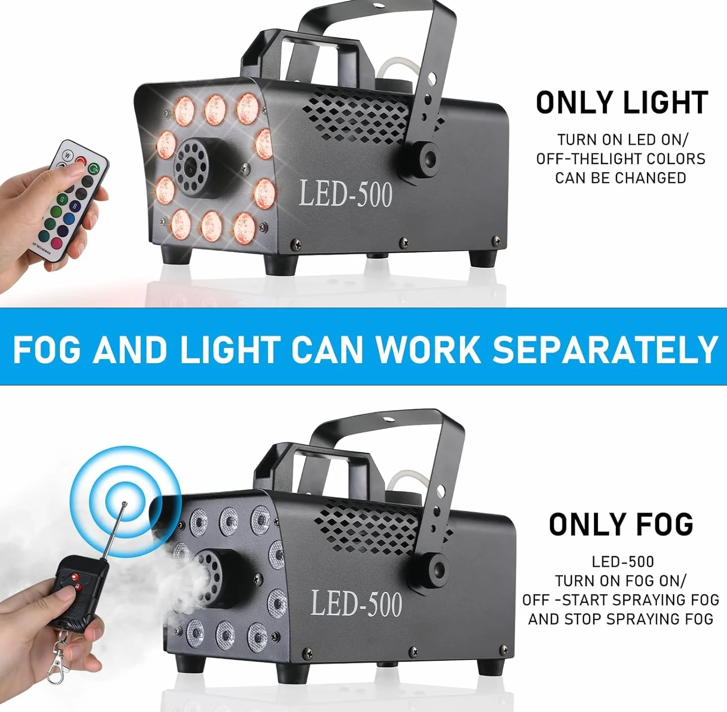Mini Wytwornica Mgły 500 W, Maszyna do Dymu, z 2 Bezprzewodowymi i 1 Przewodowym Pilotem Zdalnego Sterowania, Maszyna do Palenia w 13 Kolorach, 10 Diod LED RGB, na Halloween, Boże Narodzenie, Imprezy