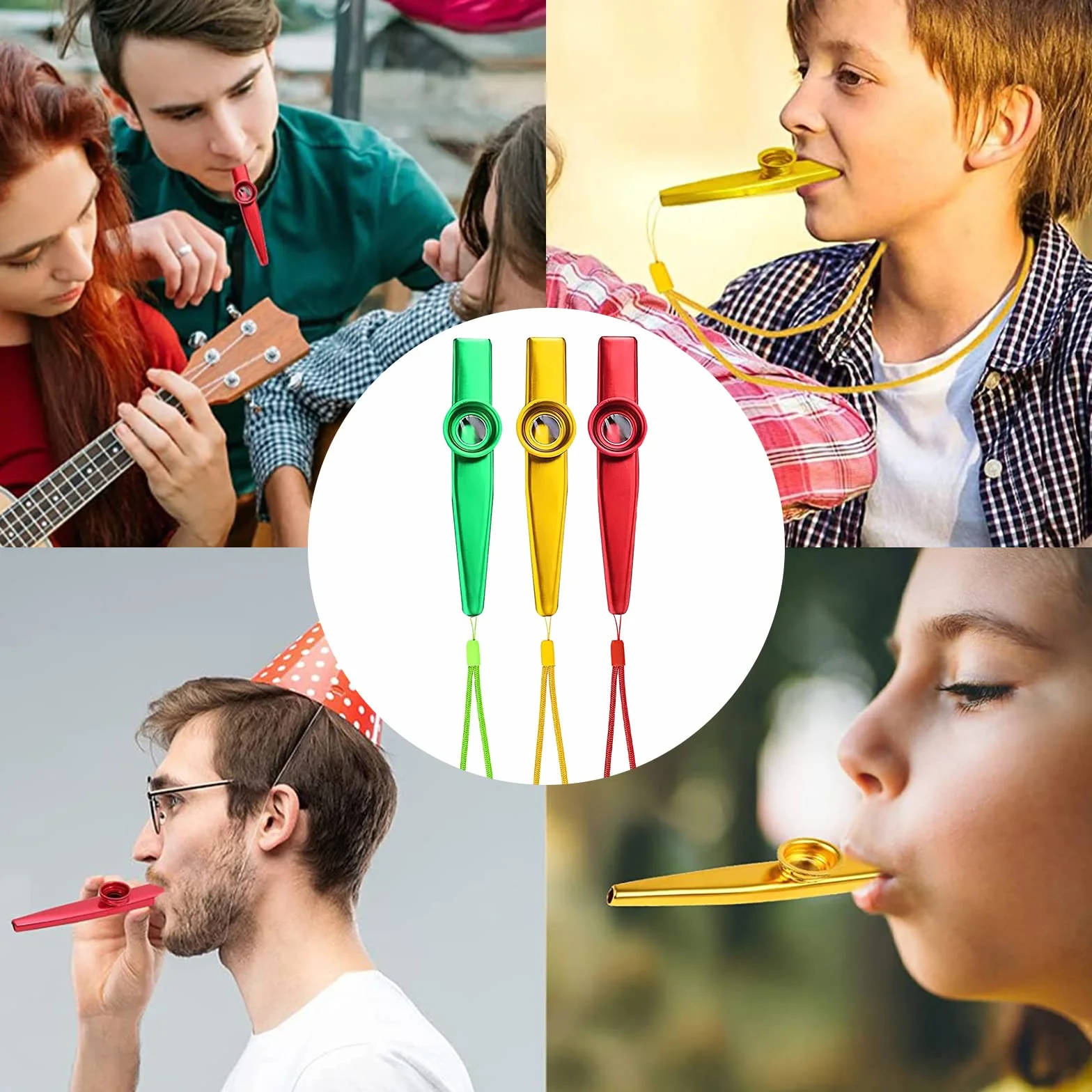 Kazoo metalowy instrument muzyczny, zestaw 10 membran fletowych i 3 smyczek, dla dzieci miłośników muzyki (złoty, czerwony, zielony) Butyeak
