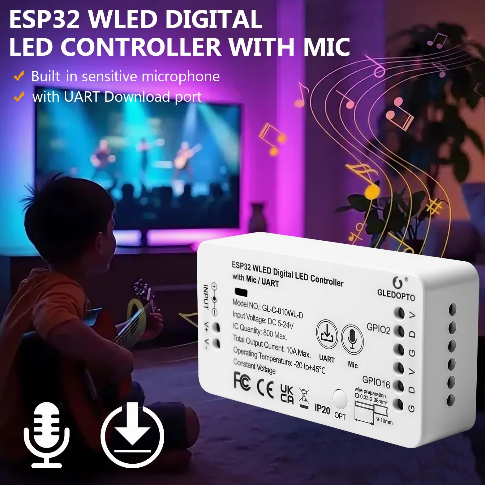 Kontroler Wled ESP32, GL-C-010WL-D WLED, cyfrowy kontroler światła z funkcją MIC, Esp32 Addressable Strip z mikrofonem WS2811 2812B 2813 2815 GS8208 SM16703PSK6812 TM1814 ,5-24 V