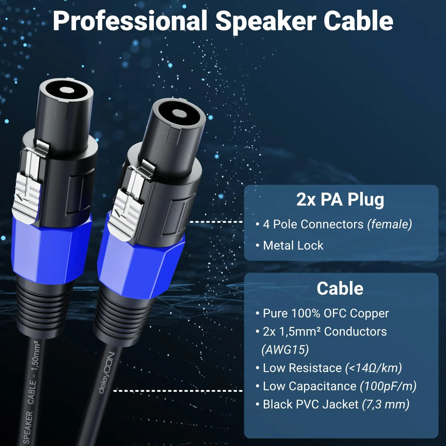 deleyCON 10m Kabel Głośnikowy PA 2x 1,5mm² AWG15 Miedź OFC Metalowa Blokada