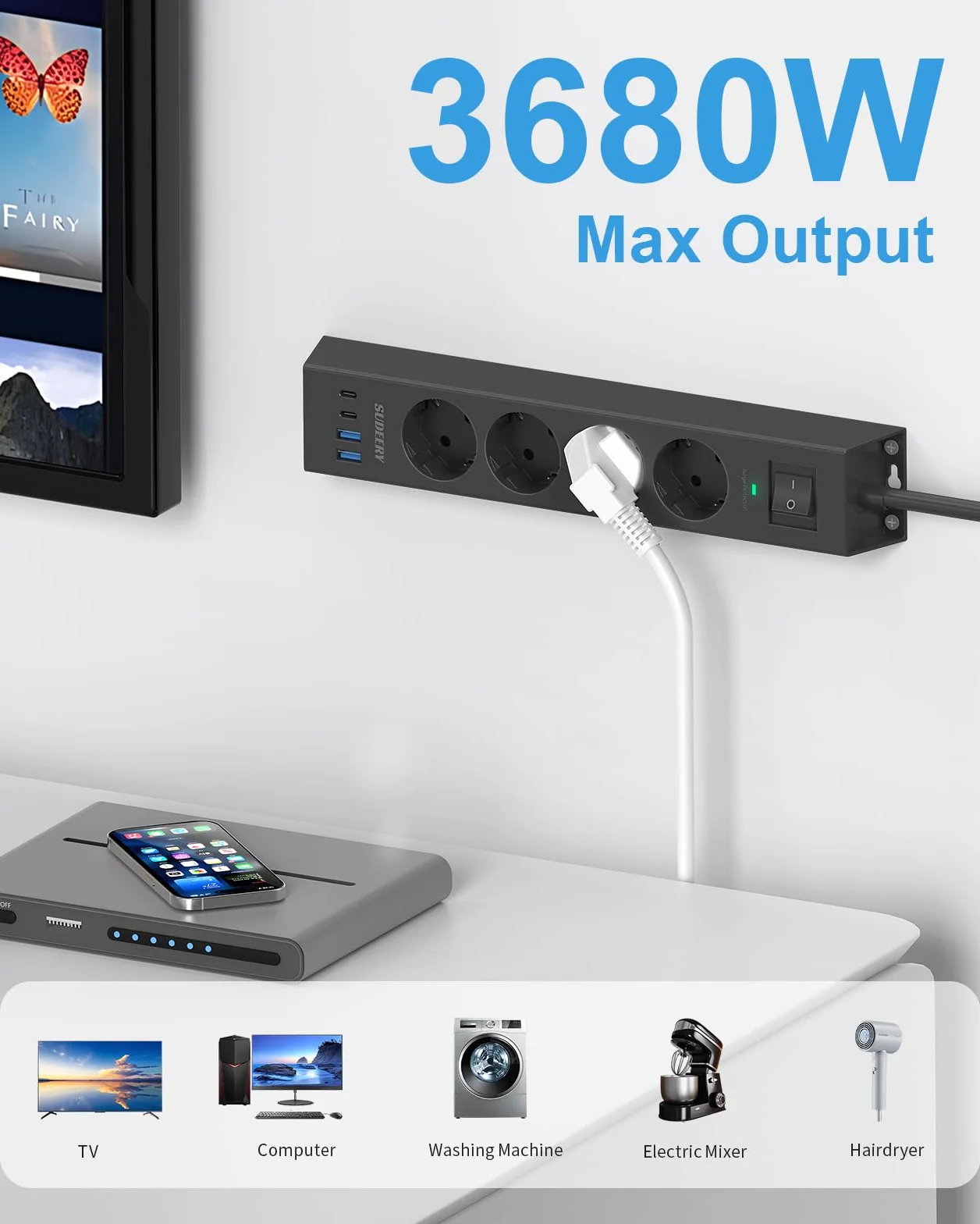 Listwa zasilająca z 4 gniazdami z USB C, listwa zasilająca 8 w 1, montaż ścienny, z przełącznikiem i kablem 2 m, z zabezpieczeniem przed przepięciem, do biura, kuchni (czarna)
