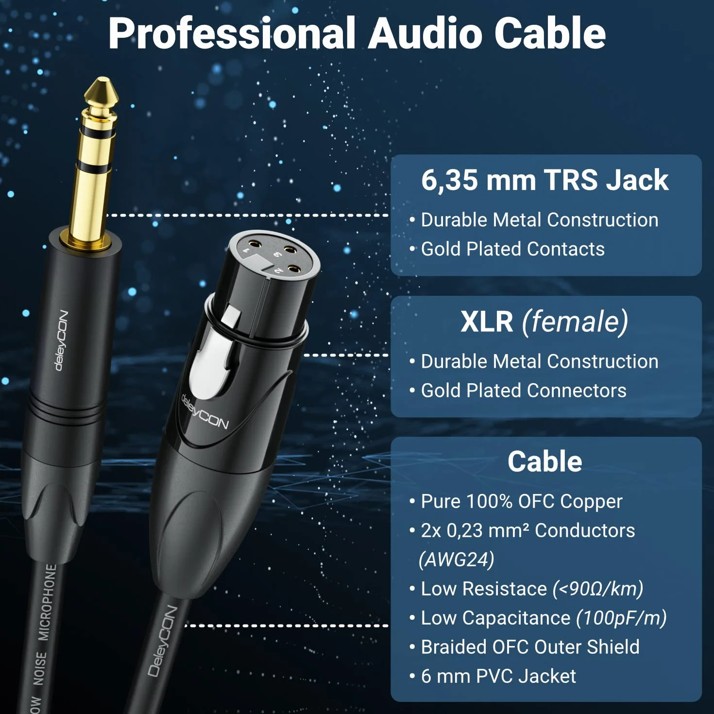 deleyCON 3,0m XLR do 6,35mm Jack Stereo - mikrofonowy adaptera audio AUX - Jakość studyjna - Wykonane z czystej miedzi OFC (AWG24) XLR Żeńskie na Jack 6,35mm Męskie - Metal Lock