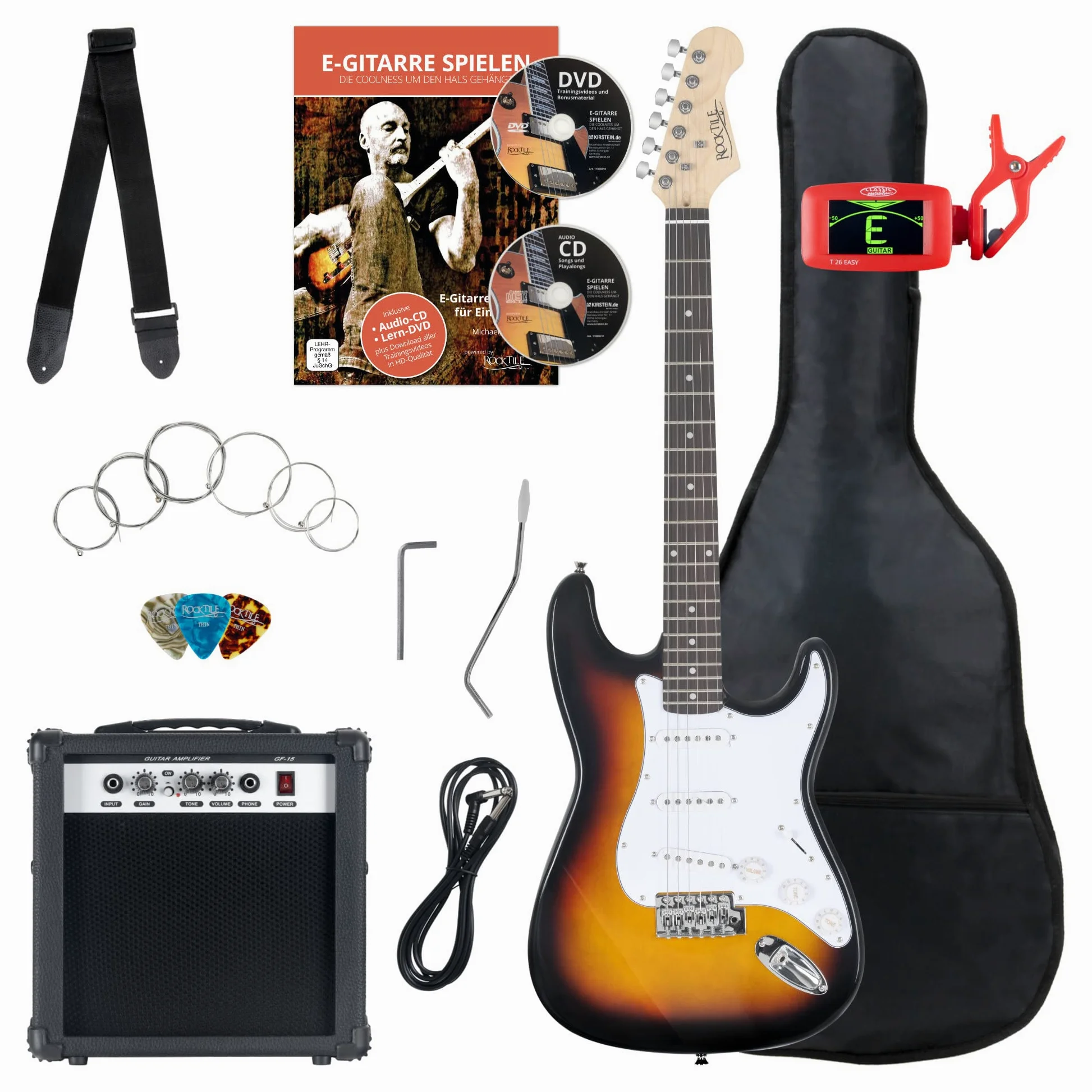 Rocktile ST-Pack Sunburst kompletny zestaw gitara elektryczna (wzmacniacz, tuner, tremolo, torba, kabel, pasek, kostka, struny zapasowe i szkoła z CD/DVD)