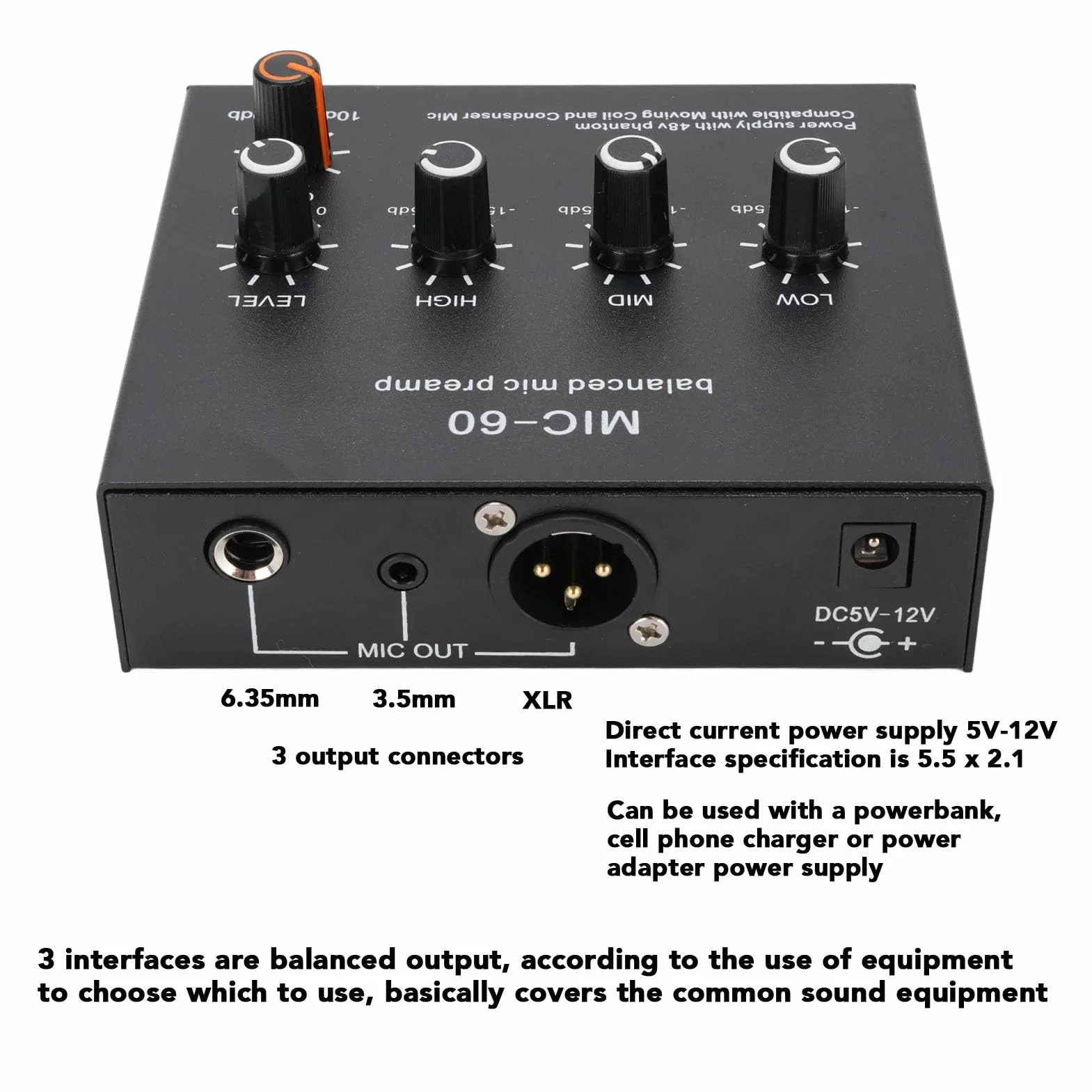 Przedwzmacniacz mikrofonowy 48 V XLR 3,5 mm 6,35 mm do mikrofonów dynamicznych i kondensatorowych z kablem XLR