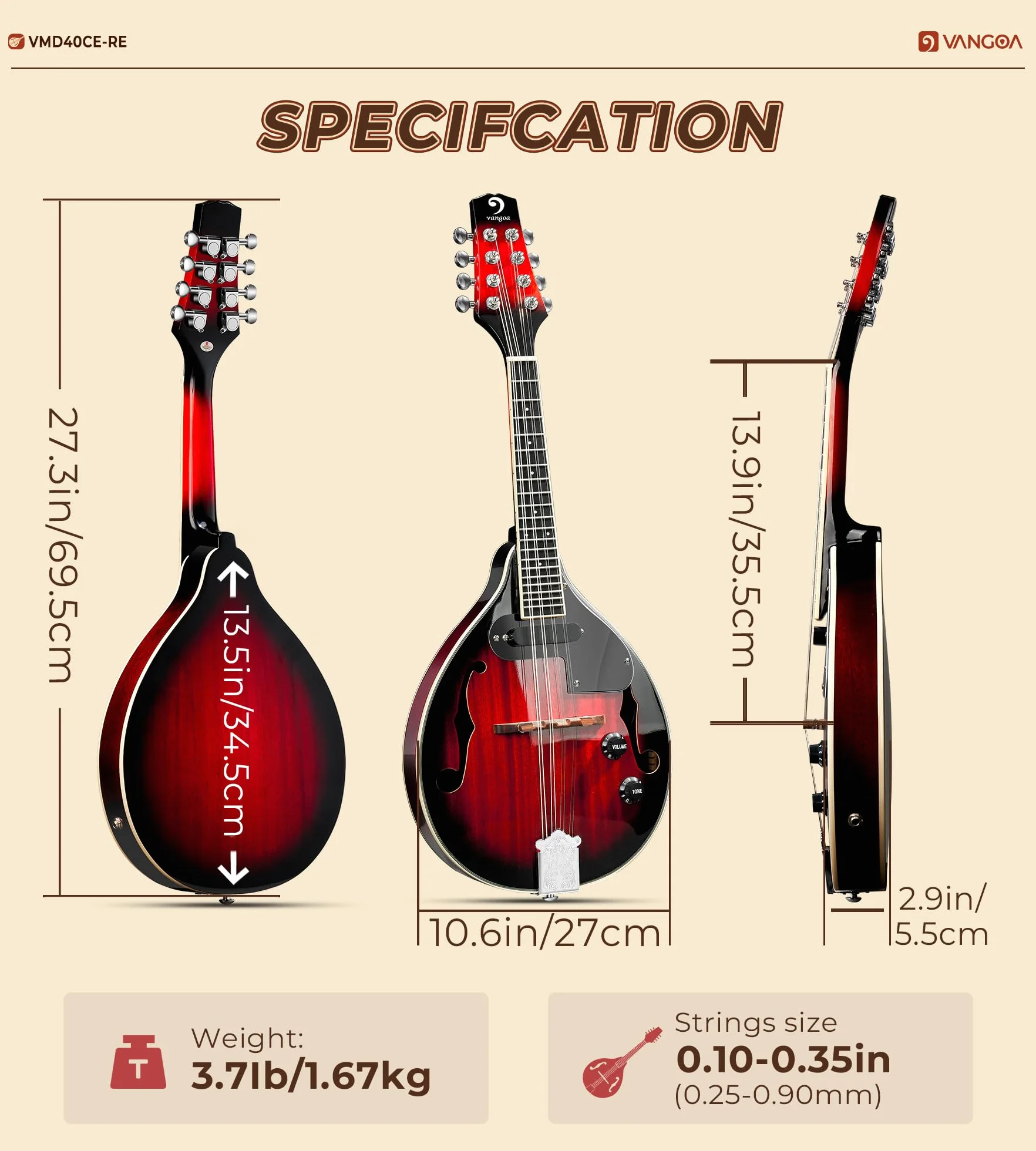 Vangoa AStyle Mandolina Instrument muzyczny mahoń Mandolina elektryczna 8 strun dla początkujących Red Sunburst