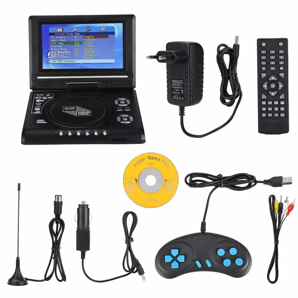 Przenośny odtwarzacz DVD, 7-calowy obrotowy ekran LCD HD TV z wbudowanym odczytem kart do lotów, podróży drogowych, obsługa DVD, SVCD, CD, CD-R/RW, samochodowy odtwarzacz DVD (EU)