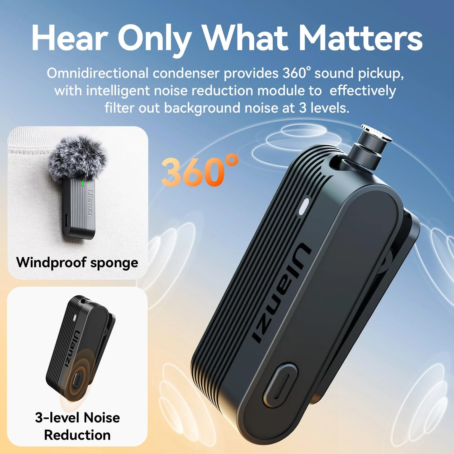 ULANZI A100 Bezprzewodowy mikrofon, Mini mikrofon krawatowy do iPhone15/16'a i Androida/Kamera/USB-C, 13.5 godzin autonomy, Mikrofon Lavalier plug and play do Nagrywanie Wideo, YouTube, TikTok, Vlog