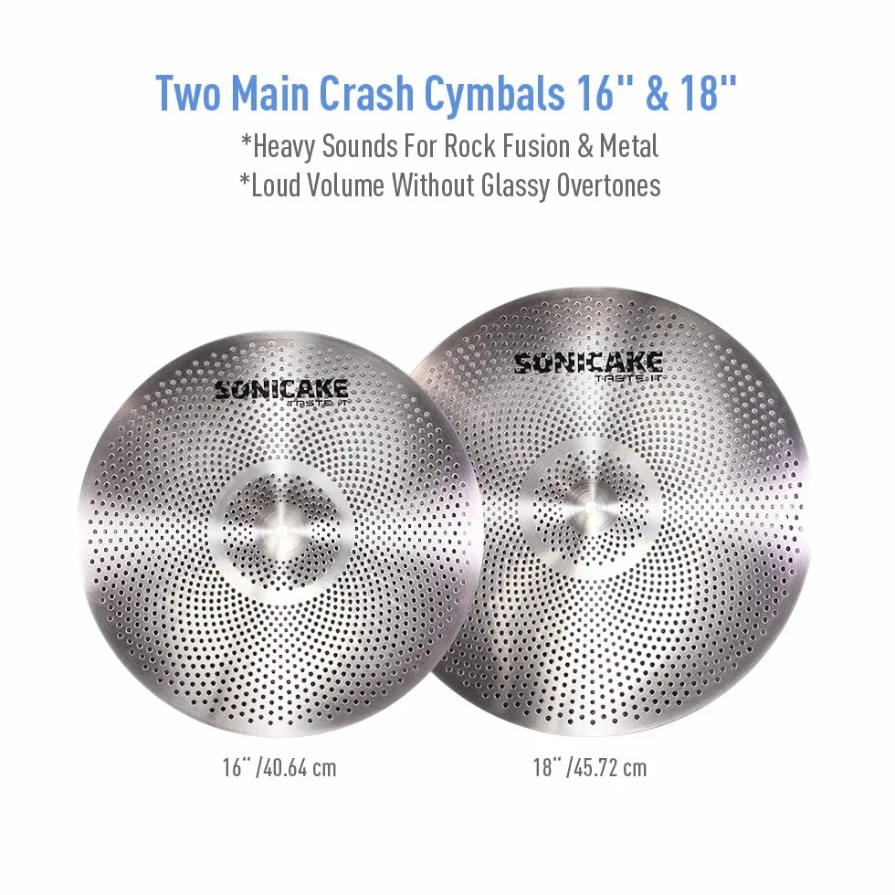 SONICAKE Zestaw talerzy o niskiej objętości, zestaw cichych talerzy 35 cm, Hi-Hat+40 cm, Crash 45 cm + 50 cm zestaw talerzy treningowych, 5 szt., srebrny