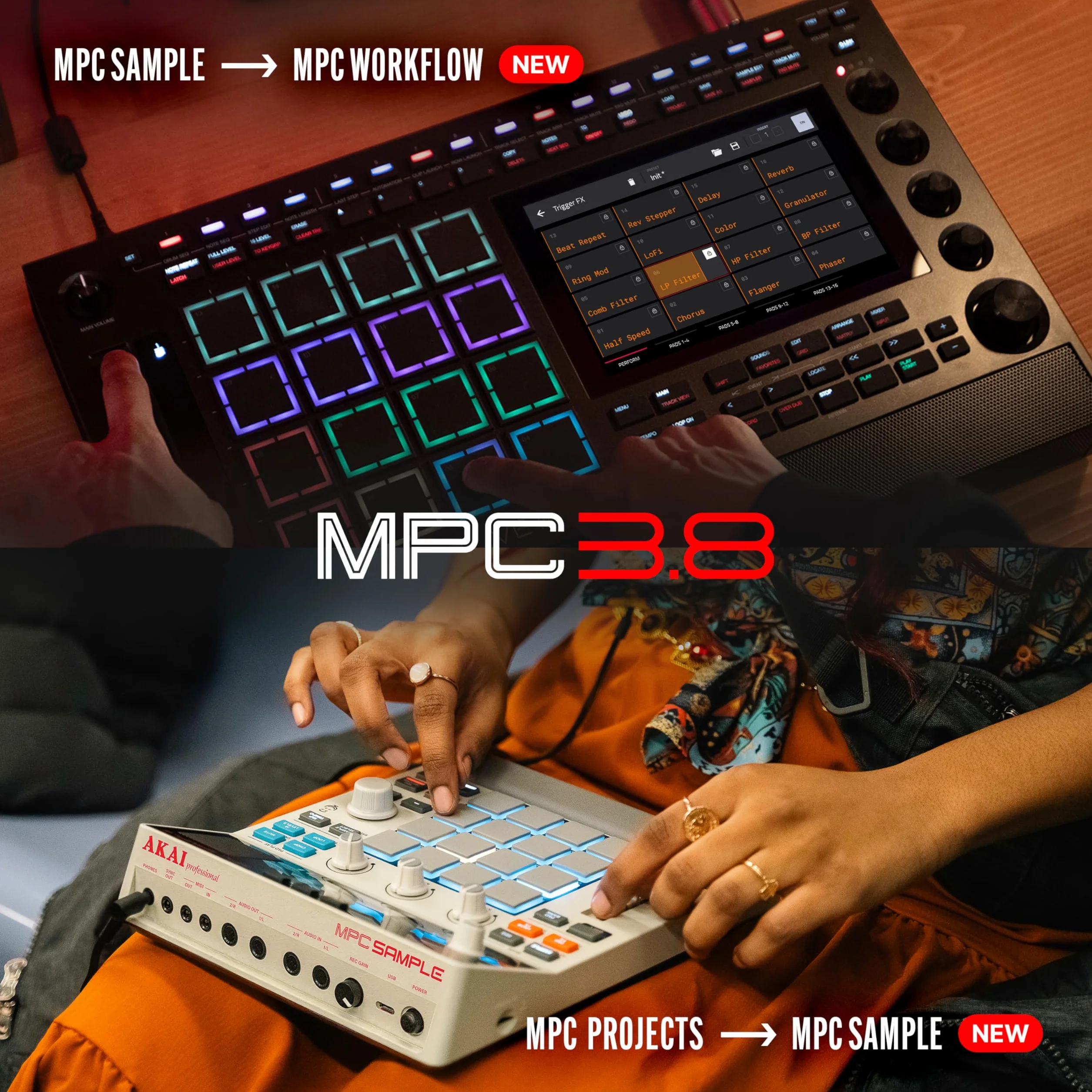 Akai Professional MPC Live III Przenośne centrum produkcji muzycznej z padami MPCe, sekwencerem, ekranem dotykowym, mikrofonem, monitorami, interfejsem audio, Wi-Fi, Bluetooth, baterią, touchstripem