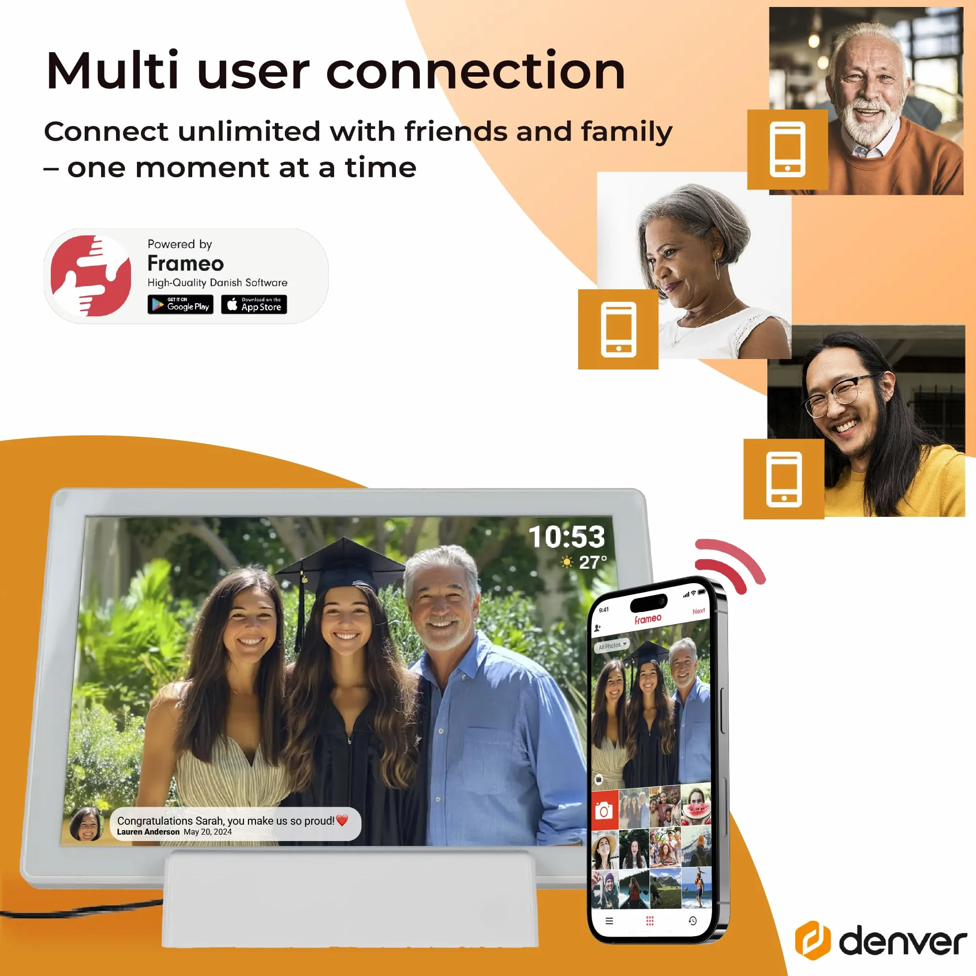 Denver PFF-1070W | cyfrowa ramka na zdjęcia Wi-Fi 10,1" z akumulatorem | ekran dotykowy HD IPS | aplikacja FRAMEO i pamięć 16 GB | biała