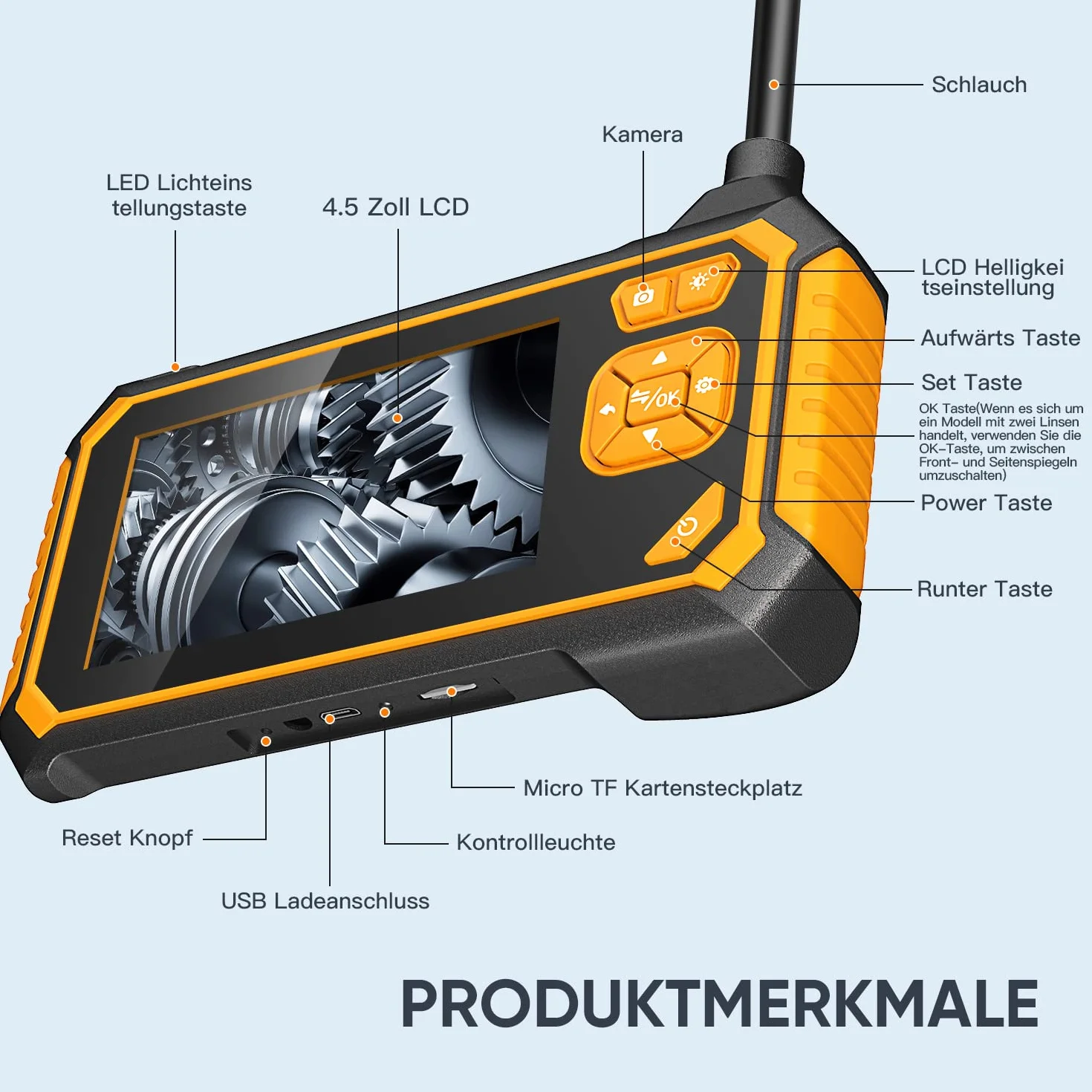 GLOSOLE podwójna kamera endoskopowa ze światłem, ekran IPS 1080p HD, kamera inspekcyjna przemysłowa, kamera endoskopowa, klasa wodoszczelności IP67, z kartą TF 32 G i torbą do przenoszenia