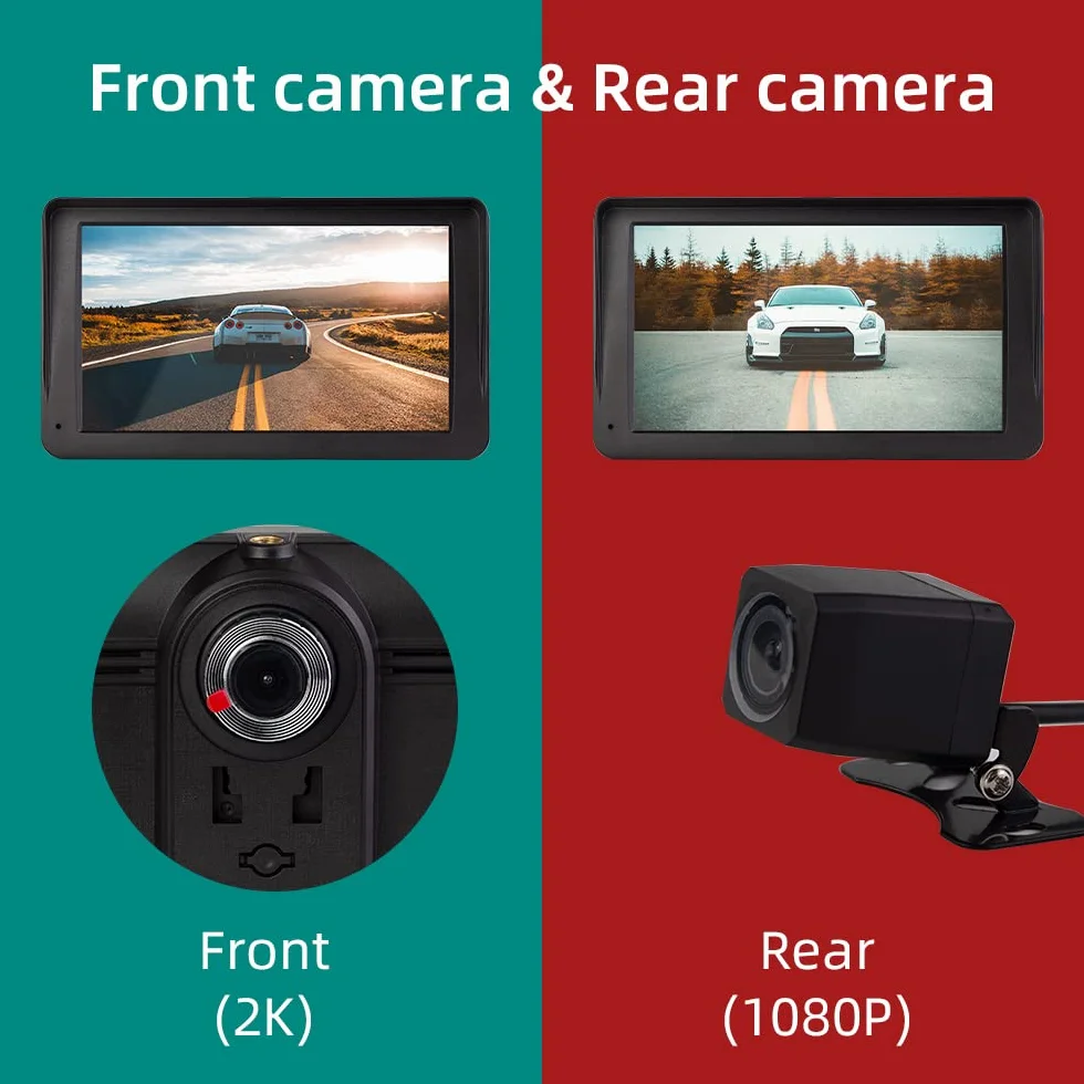 Bezprzewodowy CarPlay i Android Auto, 7-calowy Wyświetlacz Carplay z Kamerą Przednią 2K, Kamera Cofania 1080P, Bluetooth, Mirror Link, FM, AUX, Karta TF