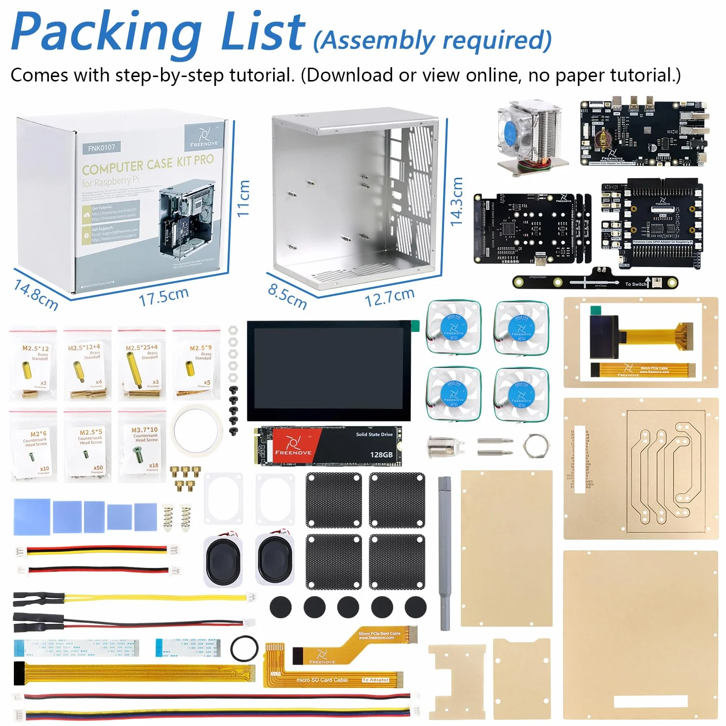 Freenove Raspberry Pi 5 NAS Case Kit (with 1x 128GB SSD), Quad M.2 NVMe SSD Slots, 5 PWM ARGB Fans Light Sync, CPU Tower Cooler, 4.3" Touchscreen, Stereo Speakers, 3.5 mm Audio