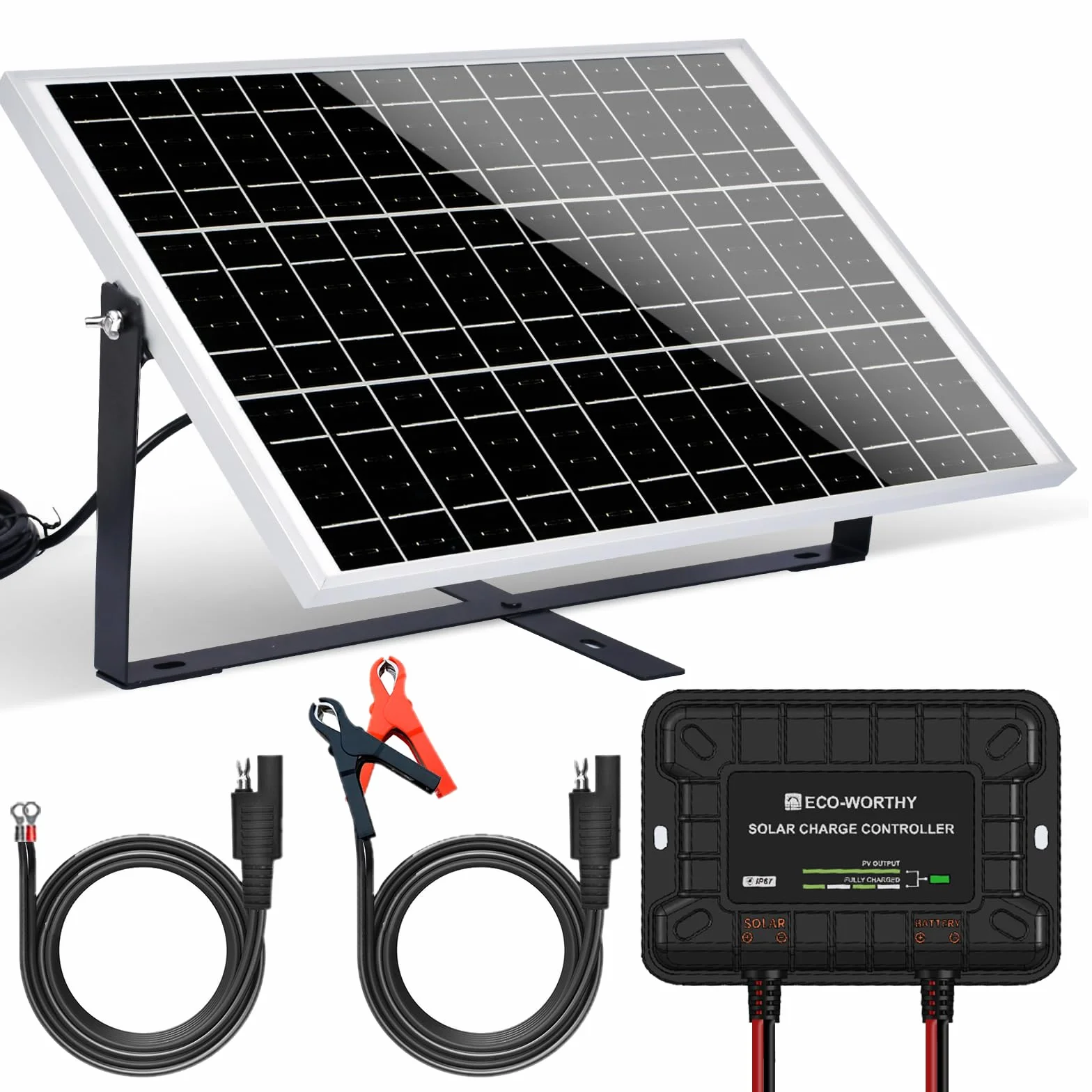 ECO-WORTHY Monokrystaliczny moduł solarny 25 W, 12 V, zestaw paneli słonecznych: panel słoneczny 25 W + regulowany uchwyt + kabel przyłączeniowy SAE + regulator ładowania do ogrodu, domku i łodzi