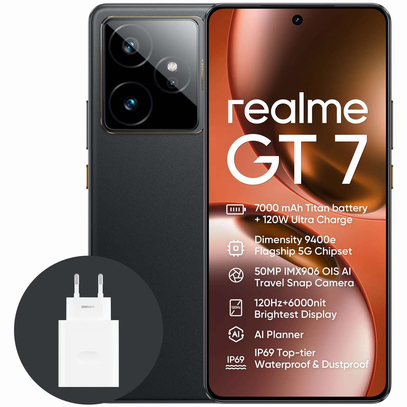 realme GT7 5G Smartphone, 12+256 GB, bateria 7000 mAh, ładowanie 120 W, procesor Dimensity9400e, IMX906 50 MP, Planner AI, ekran Pro-Esports 6000 nits120 Hz,IP69, czarny, ekskluzywny Amazon