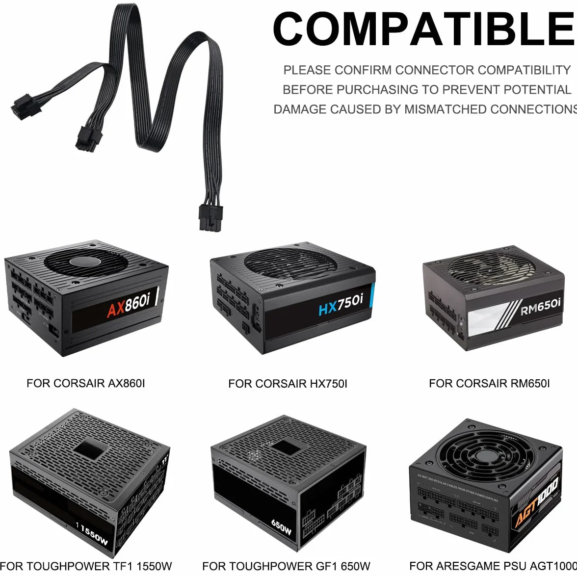Kabel procesora do Corsair, kabel zasilający CPU EPS 8-pinowy 8 i 4+4 piny męsko-męski, 60 cm/23,62 cala, do Thermaltake, ARESGAME Power (60 cm + 20 cm)