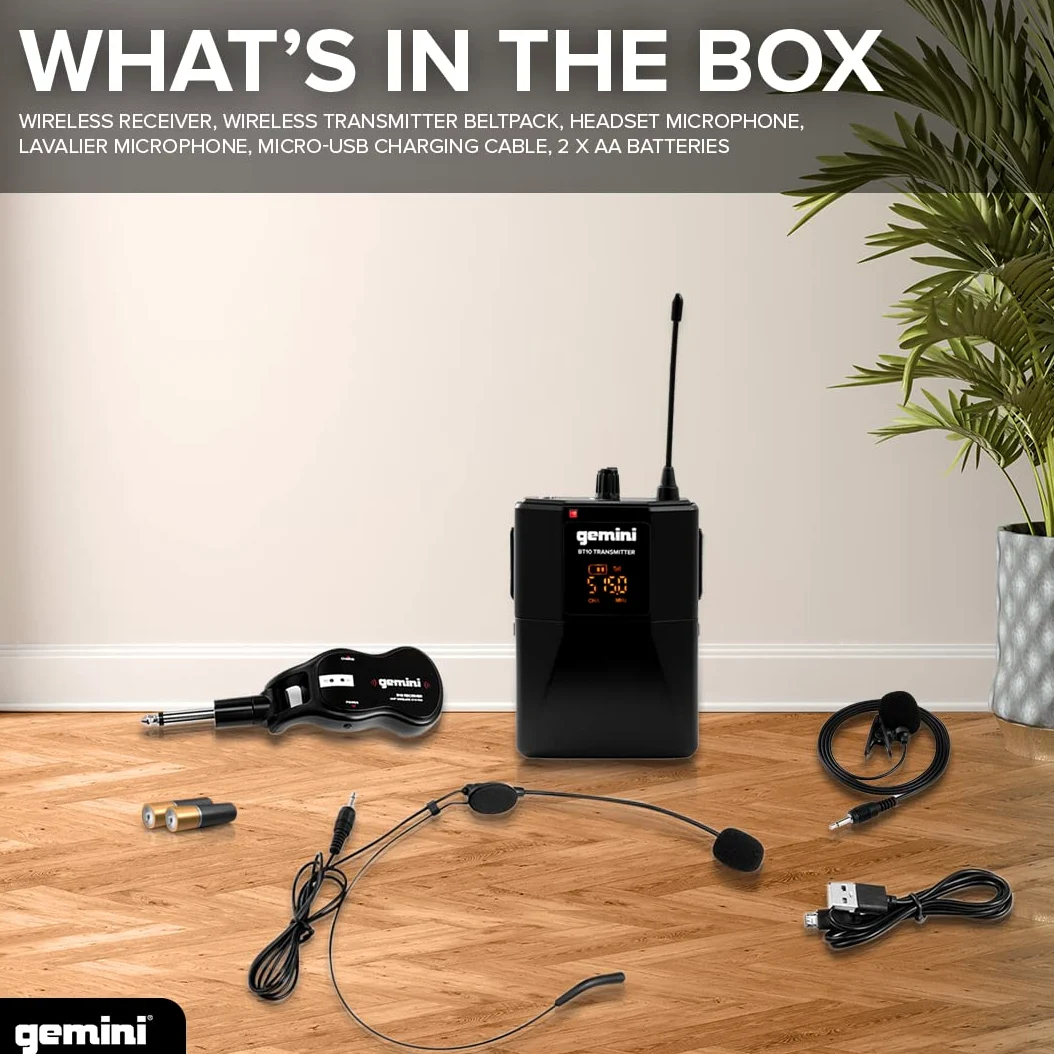 Gemini Sound Pro Audio GMU-HSL100 Plug and Sing karaoke DJ Bluetooth bezprzewodowy zestaw słuchawkowy UHF Band/mikrofon krawatowy z bezprzewodowym adapterem nadajnika jack 1/10.2 cm do głośników