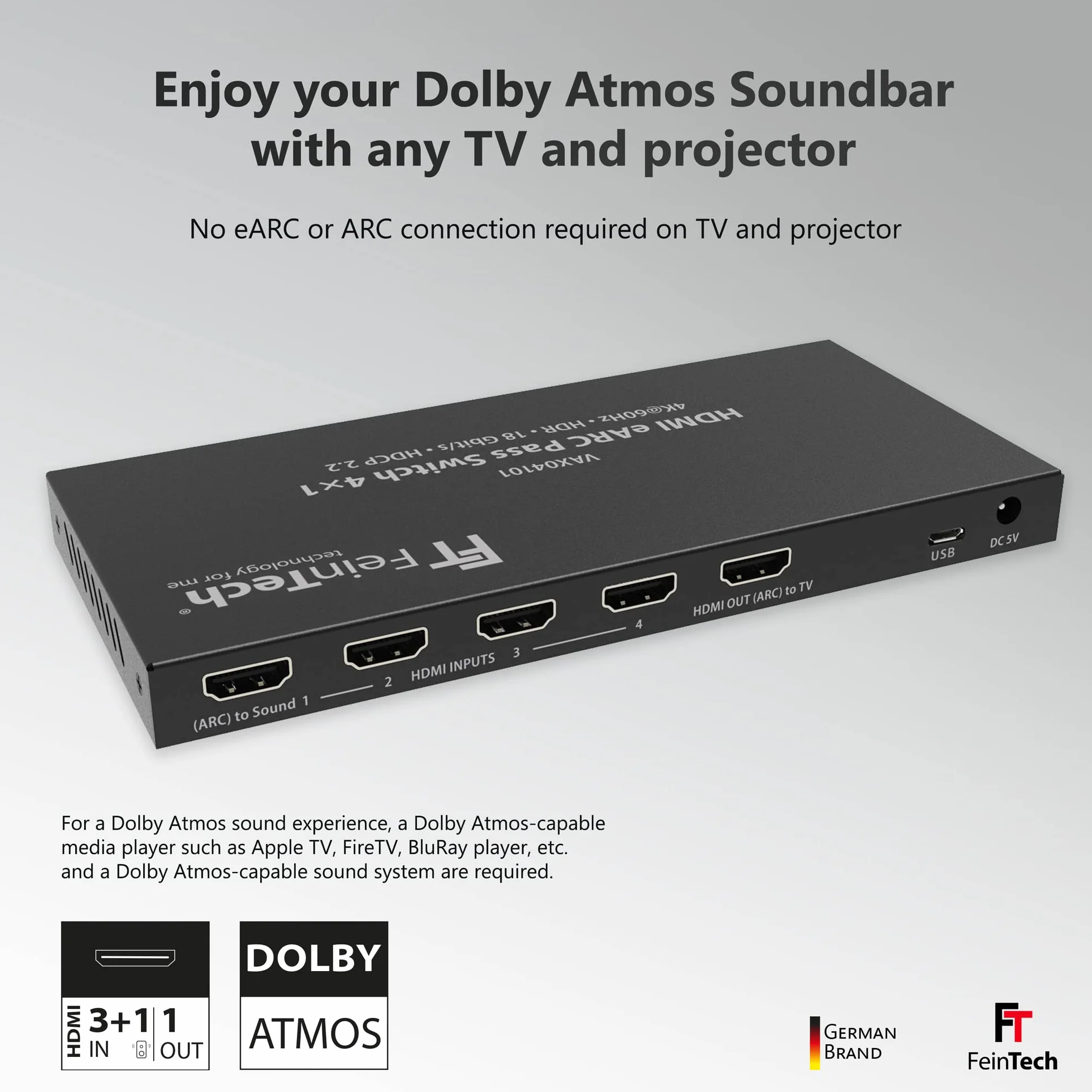 FeinTech VAX04101A HDMI eARC Pass Switch 4 x 1, do 3 źródeł HDMI, soundbar i projektora TV 4K HDR Dolby Atmos